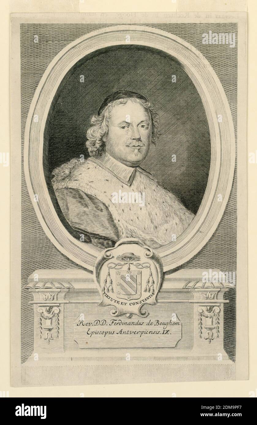 Porträt von Ferndinandus de Beughem, Bischof von Antwerpen, Gravur auf Papier, in einem ovalen Rahmen ist das Büstensportrait eines Geistlichen, trägt eine Schädelkappe und Ermin Umhang. Unten sein Escutcheon und Motto, und Inschrift., Antwerpen, Niederlande, ca. 1700-1730, Drucken Stockfoto