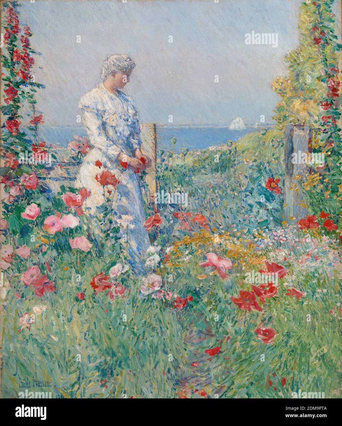Im Garten (Celia Thaxter in ihrem Garten) 1892 American Impressionist Painting von Childe Hassam - sehr hoch Auflösung und Bildqualität Stockfoto