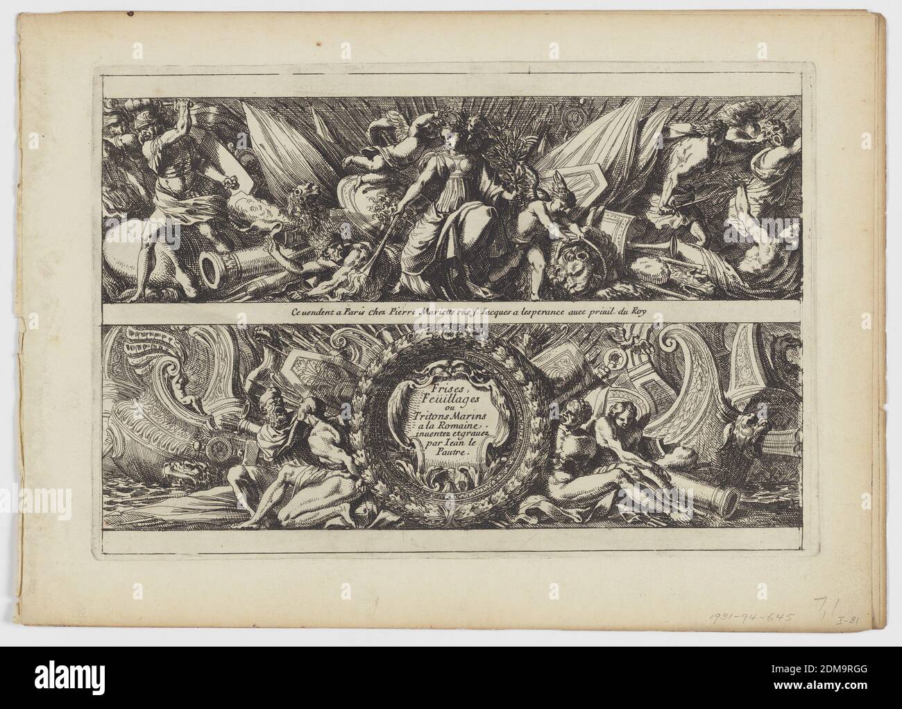 Titelseite aus 'Frises, feuillages ou tritons marins, à la romaine', Jean Le Pautre, Französisch, 1618–1682, Pierre Mariette II, Französisch, 1634 - 1716, Radierung auf Papier, Titelseite aus 'Frises, feuillages ou tritons marins, à la romaine', Frankreich, ca. 1640–1682, Drucken Stockfoto