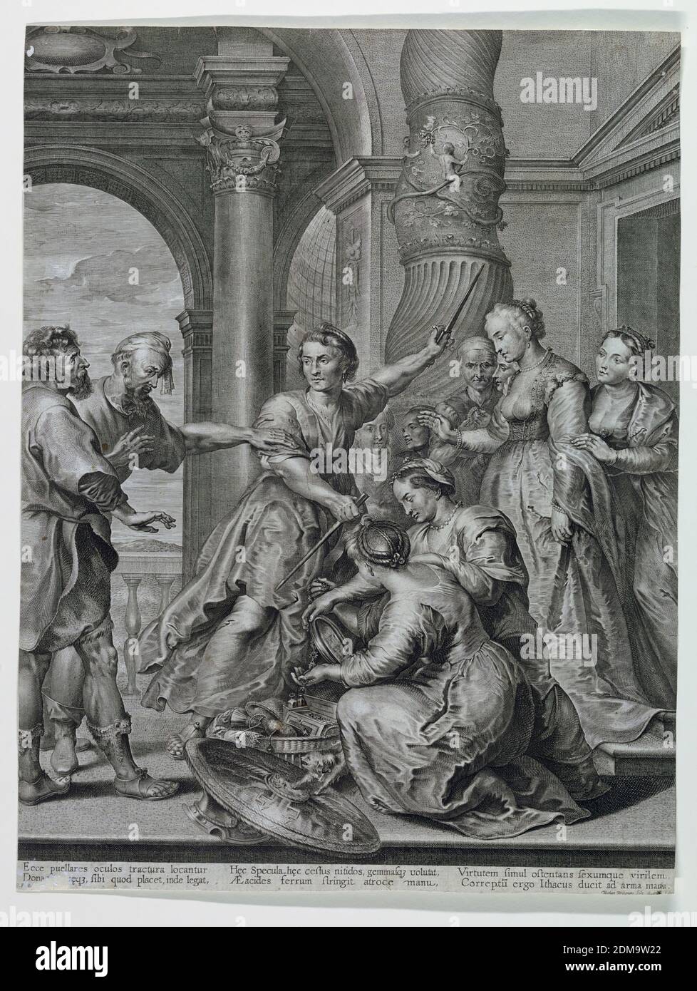 Achilles am Hof von Lycomedes, Nicolas Ryckermans, 1595 - 1650, Peter Paul Rubens, Flämisch, 1577 - 1640, auf Papier gravieren, untersuchen der bärtige Achilles und ein Begleiter den Schatz von Königin Lycomedes, gezeigt mit ihren Hofdamen, von denen eine ein Schwert schwingt. Unten eine sechzeilige lateinische erläuternde Inschrift., Niederlande, Antwerpen, Niederlande, ca. 1650, Drucken Stockfoto