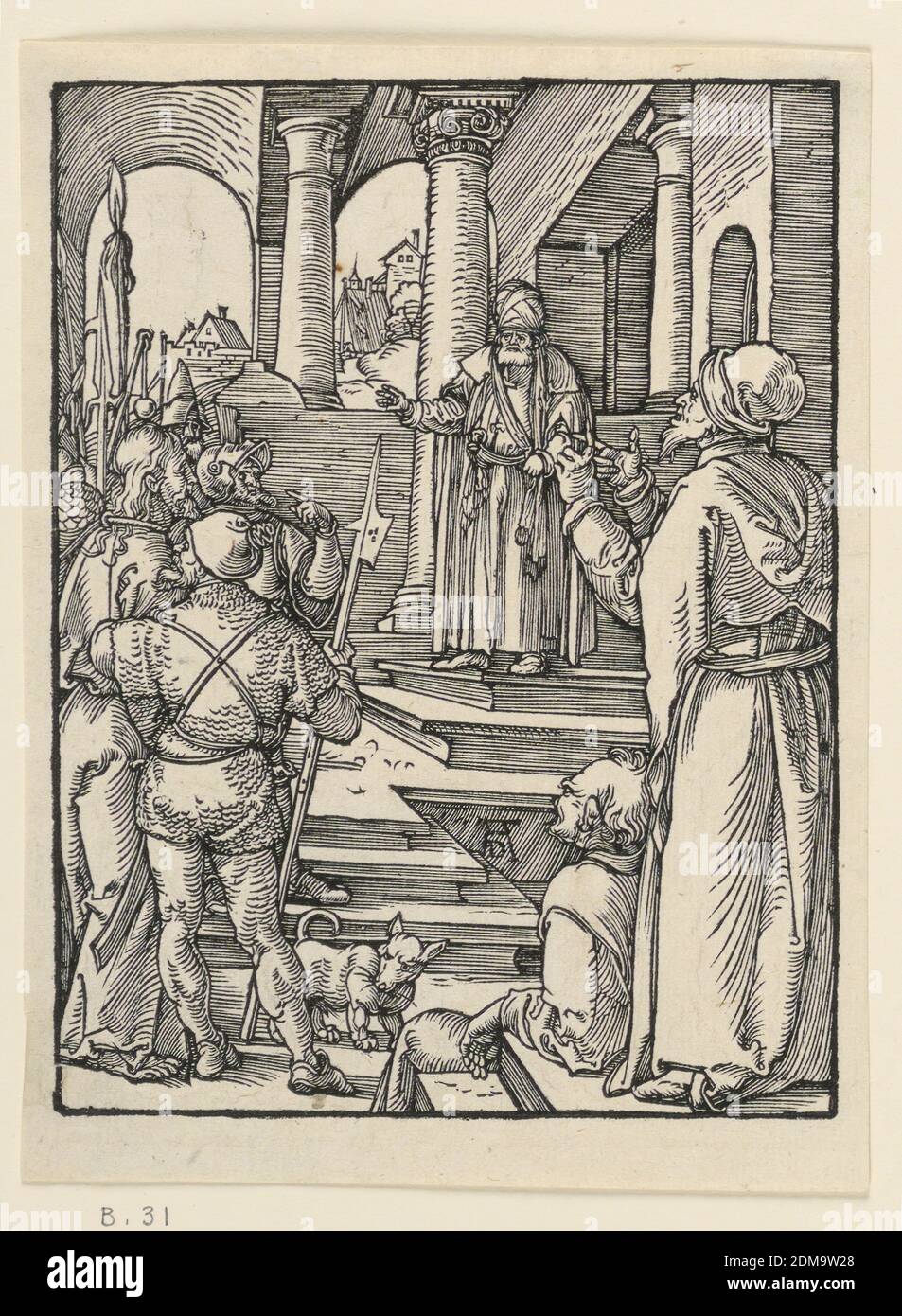 Christus vor Pilatus, aus der Serie der kleinen Passion, Albrecht Dürer, Deutsch, 1471–1528, Holzschnitt auf Papier, Innenraum, mit Pilatus im Hintergrund am Kopf einer Treppe. Christus wird von Soldaten vor ihn gebracht, im linken Vordergrund. Ein Mann, gestikulend, steht rechts. Monogramm von Dürer in der Nähe des unteren Zentrums., Deutschland, ca. 1509–1511, Drucken Stockfoto