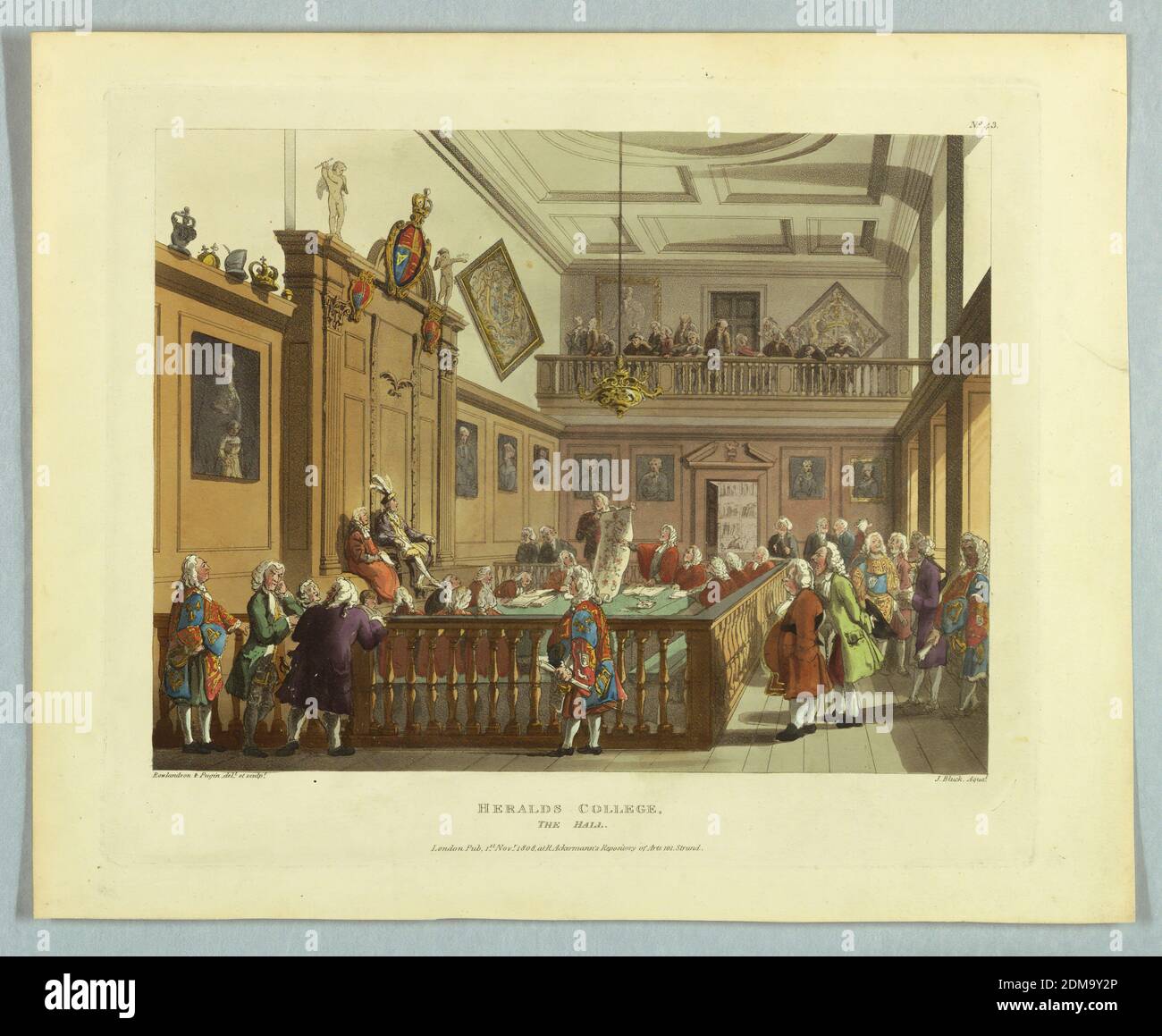 Heralds College, The Hall, aus 'Ackermann's Repository', Thomas Rowlandson, britisch, 1756–1827, Augustus Charles Pugin, französisch, aktiv Großbritannien, ca. 1762–1832, John Bluck, Brite, 1791–1832, Aquatint, Pinsel und Aquarell auf Papier, wigged men, teilweise in rot, an einem Tisch links in der Mitte hinter einem Geländer. Andere in Roben mit heraldischen Symbolen. Titel, Künstler und Verlegernamen unten., Europa, London, England, 1808, Print Stockfoto