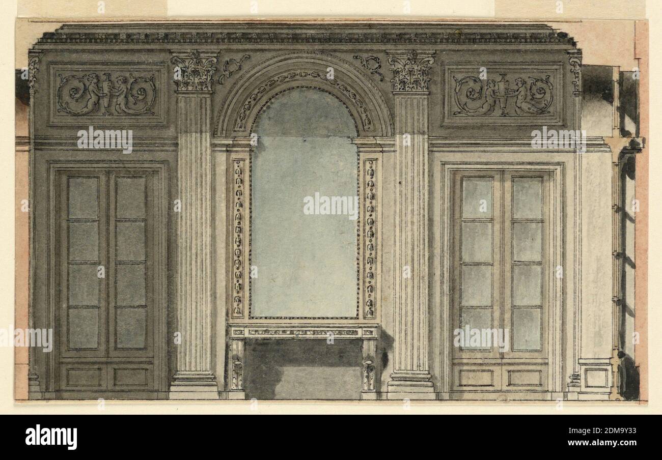 Abschnitt eines Vestibüls, Stift und Tinte, Pinsel und Aquarell auf Papier, der Eingang ist rechts. Die Hauptwand zeigt ein gewölbtes Glas über einem Kaminsims oder einem Konsolentisch und wird von geriffelten Pilastern flankiert. In den Außenwänden sind Falttüren unter Zierreliefs., Frankreich, 1790, Zeichnung Stockfoto