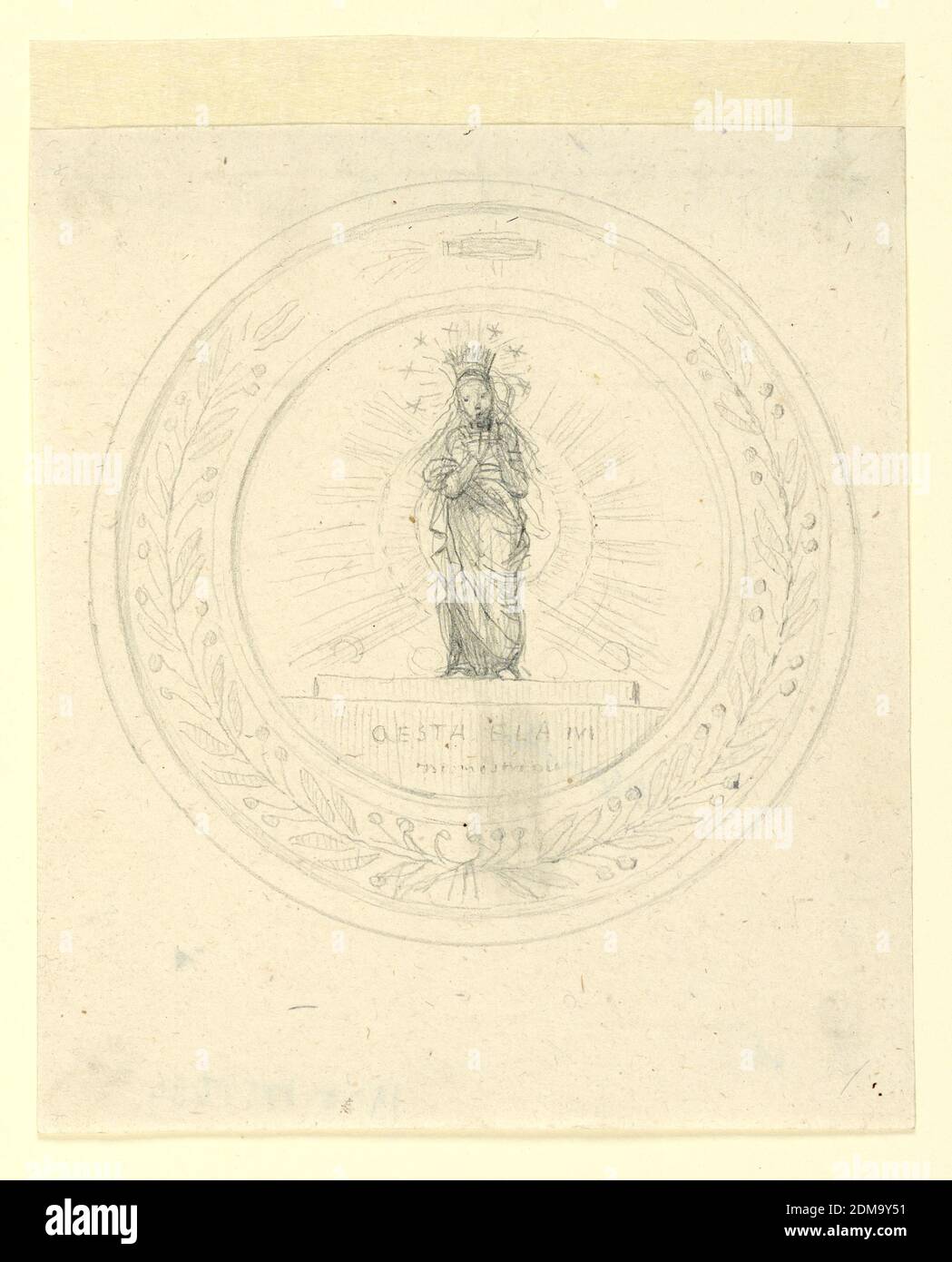 Ein kreisförmiges Medaillon mit der Unbefleckten Empfängnis, Fortunato Duranti, Italienisch, 1787 - 1863, Graphit auf Papier, die Jungfrau steht auf einem Sockel gekrönt und in einer Herrlichkeit von Strahlen und mit einem Heiligenschein von Sternen. Isncribed in den Sockel der Beginn des Verses des Liedes. Zwei Lorbeerbäste befinden sich im Band des geformten Rahmens., Rom, Italien, 1820-1850, Zeichnung Stockfoto