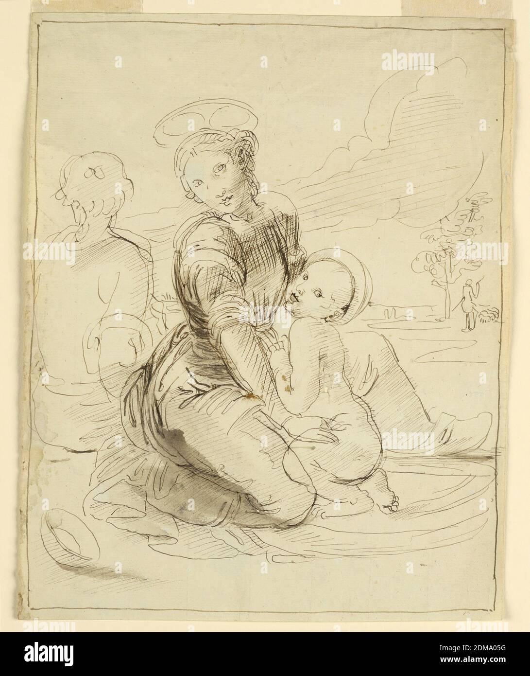 Die Heilige Familie, Fortunato Duranti, Italienisch, 1787 - 1863, Stift und Tinte auf hellgrünem Papier, die Jungfrau sitzt auf dem Boden, in einer knienden Position, das Kind kniet zwischen ihren Beinen. Links ist der obere Teil der Figur von Joseph, sitzend, von hinten zu sehen. Eine Schüssel unten, links. Im Hintergrund, rechts, ist ein Hirte mit seiner Herde in der Nähe eines Baumes. Rahmenlinie., Rom, Italien, 1820–1850, Zeichnung Stockfoto