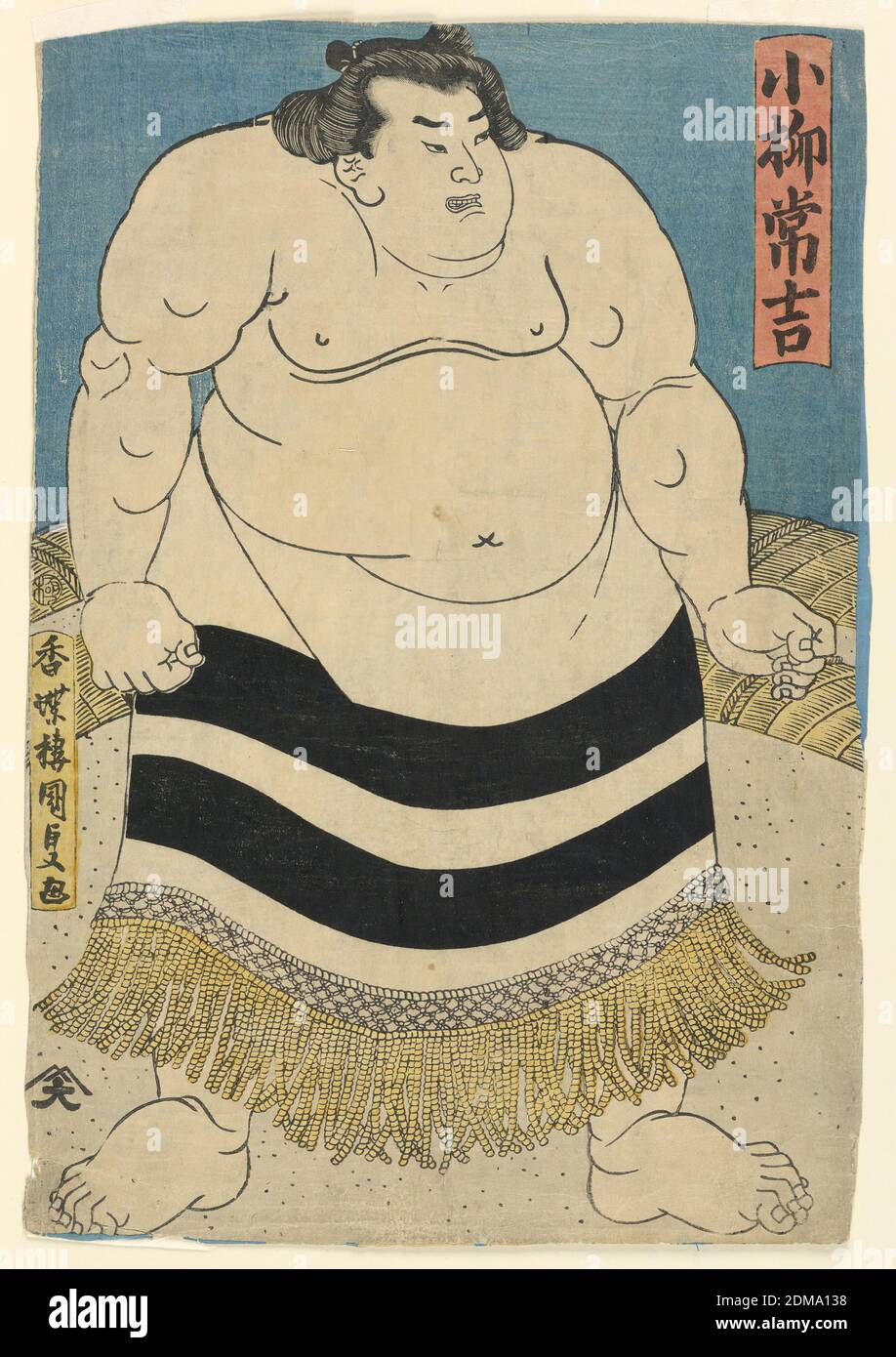 Der Sumo-Wrestler, Koyanagi Tsunekichi, Utagawa Kunisada, japanisch, 1786 – 1864, Joshuya Kinzo, Farbholzschnitt in gelb, blau, rot und schwarz auf Maulbeerpapier, Ganzkörperfigur eines Sumo-Wrestlers, mit horizontal gestreiftem Rock mit Fransenrand., Japan, ca. 1840, Theater, Druck Stockfoto