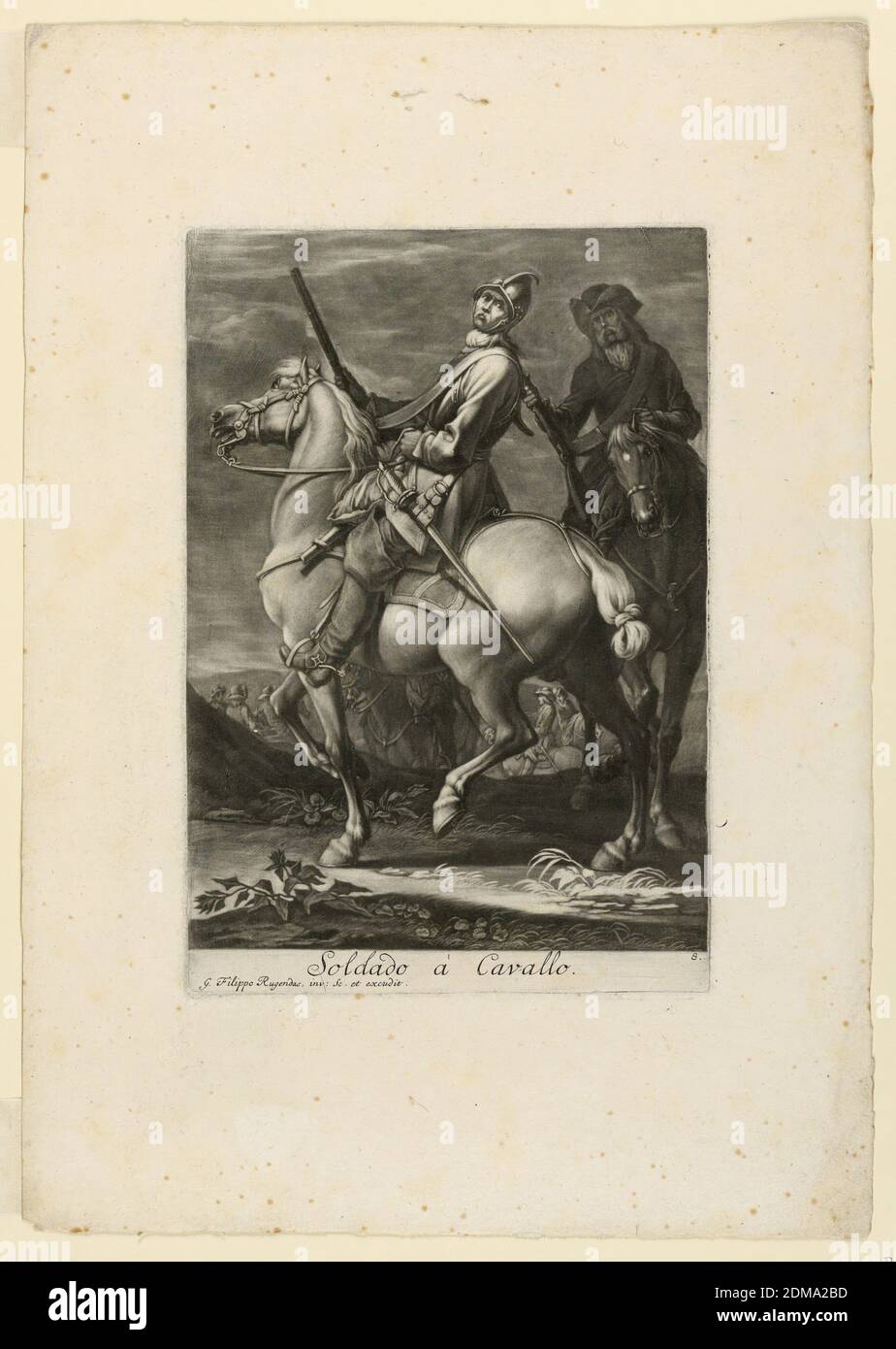 Suite der Kavallerieoffiziere: Soldaten, Georg Philip Rugendas, deutsch, 1666–1742, Mezzotinta-Gravur in dunkelbrauner Tinte auf Papier, im Vordergrund zwei Soldaten. Der eine ist im linken Profil gedreht; er schaut über seine linke Schulter. Der andere ist frontal zu sehen. Andere berittene Soldaten im Hintergrund., Augsburg, Deutschland, ca. 1730, Drucken Stockfoto