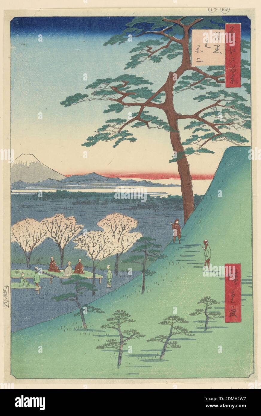 Viewing of Cherry Blossoms, Ando Hiroshige, Japanese, 1797–1858, Holzschnitt in farbiger Tinte auf Papier, Diese Szene zeigt Menschen, die unter den blühenden Kirschbäumen sitzen, das Leben betrachten und die Wunder der Natur genießen. Zwei Leute machten einen Spaziergang und bekommen einen besseren Blick auf den Fuji aus einer höheren Höhe. Dies ist eine typische Landschaftsansicht von Hiroshige, der hervorragend darin ist, schöne Landschaften Japans zu rekonstruieren., Japan, 1797-1858, Landschaften, Drucken Stockfoto