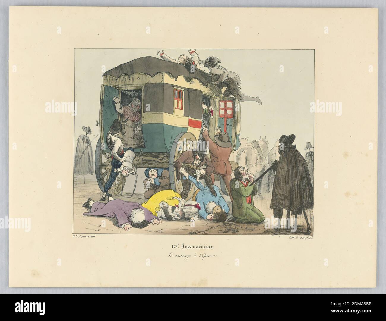Le Courage à l'Epreuve, Platte 10 aus 'Inconvénient', Auguste-Xavier Leprince, französisch, 1799 - 1826, Pierre Langlumé, französisch, geboren 1790, Lithographie, Pinsel und Aquarell auf Papier, Räuber haben den Wagen angehalten; arbeiten innen und außen. Menschen auf dem Boden - Mann auf den Knien zum Führer, rechts. Titel und Künstlernamen unten., Paris, Frankreich, ca. 1825, Drucken Stockfoto