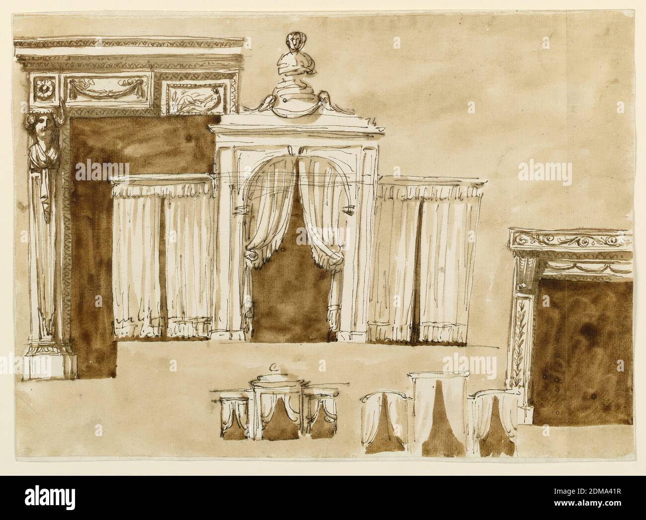 Bettennische und Kaminsims, Giuseppe Barberi, italienisch, 1746–1809, Feder und braune Tinte, Pinsel und braune Wäsche auf Papier, ausgekleidet, links: Die Hälfte eines Kaminsims mit einer Gaine mit einer weiblichen Büste, die den Fries der Entablatur stützt. Der Fries ist in Paneele unterteilt, die zentrale wird von der gleichen Form wie die Öffnung eingerahmt. Mitte: Die Erhebung des dreigliedrigen Eingangs zu einer Nische, die beiden seitlichen werden durch Vorhänge geschlossen. Auf dem mittleren steht eine Büste. Rechts: Die linke Hälfte eines Mantelstückes, mit einer Konsole, die die Entablatur unterstützt. Stockfoto