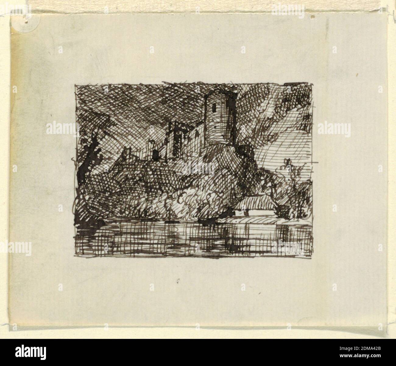 Imaginary Landscape, Frederic Edwin Church, amerikanisch, 1826–1900, Feder und dunkelbraune Tinte auf cremefarbenem Papier, USA, ca. 1870–73, Landschaften, Zeichnung Stockfoto