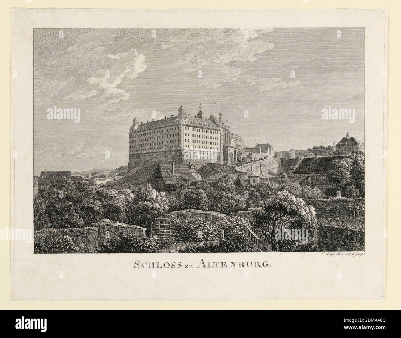 Blick auf Schloss Altenburg, Christian August Günther, Deutsch, 1759 - 1824, Gravieren auf Papier, Blick über eine Waldlandschaft mit einer Stadt in der Mitte. Darüber hinaus das Schloss Altenburg, in Thüringen, südlich von Leipzig., Dresden, Deutschland, ca. 1800, Drucken Stockfoto