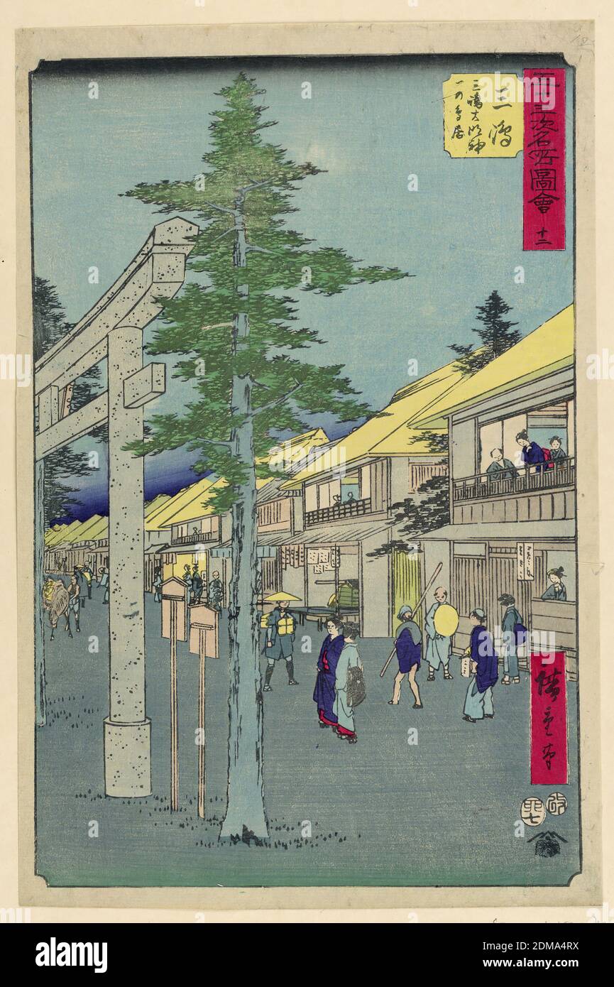 Street View, Ando Hiroshige, japanisch, 1797–1858, Holzschnitt in farbiger Tinte auf Papier, EINE hohe Kiefer teilt den Druck in zwei Hälften. Die linke Seite zeigt die architektonische Struktur einer willkommenen Torii, während die rechte Seite mit Menschen gefüllt ist, die durch die Straßen der Stadt wühlen. Geschäfte öffnen zeigen den Leuten, die eine Mahlzeit genießen. Ein Paar Frauen sind in Kimonos zusammengeklemmen, Samurai patrouillieren auf der Straße, während Händler versuchen, ihre Waren zu verhetzen. Die Perspektive dieses Straßenansichten lässt die Szene über den Tellerrand gehen., Japan, 1797-1858, Landschaften, Print Stockfoto