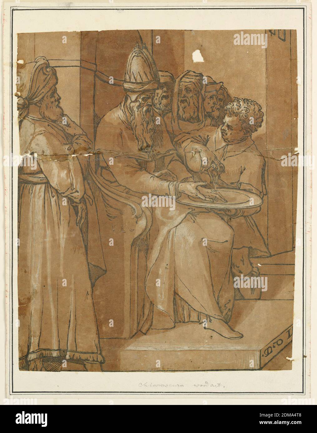 Pilatus beim Händewaschen, Chiaroscuro Holzschnitt auf Papier, Pilatus beim Händewaschen., Italien, 16. Jahrhundert, Druck Stockfoto
