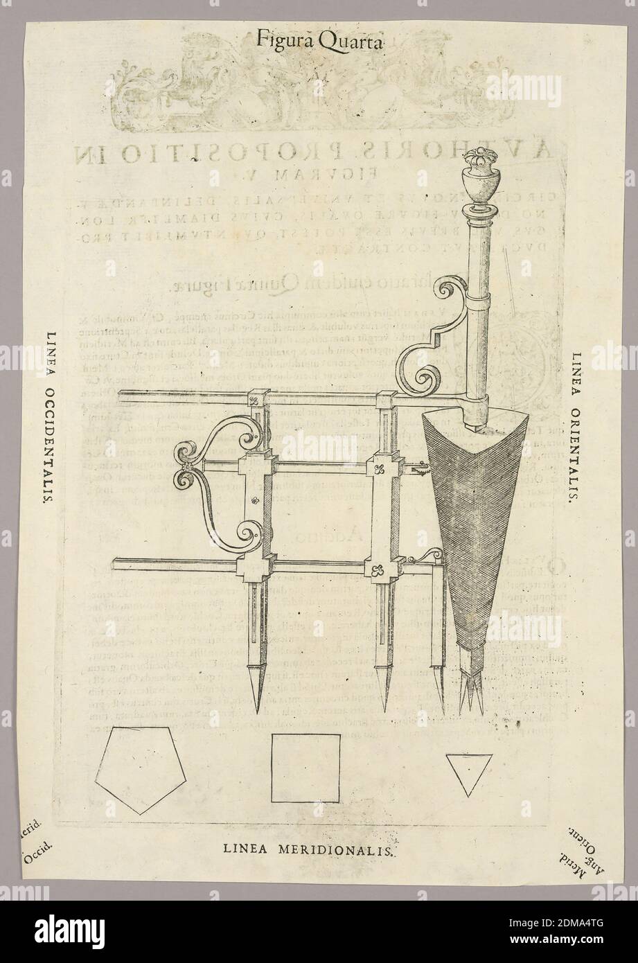 Platte IV, aus Theatrum instrumentorum et Machinarum, Julio Paschale, Holzschnitt auf Papier, Metallinstrument aus zylindrischen und rechteckigen Sektionen. Ähnlich wie 1949-152-201, haben nur die Figuren, die es zeichnet, gerade Seiten. Der Zapfen dritte von links ist nach rechts gebogen, im Vergleich zu seinem Gegenstück (1949-152-201). Die Beschreibung in Latein auf Rückseite von 1949-152-201., Europa, 1582, Print Stockfoto