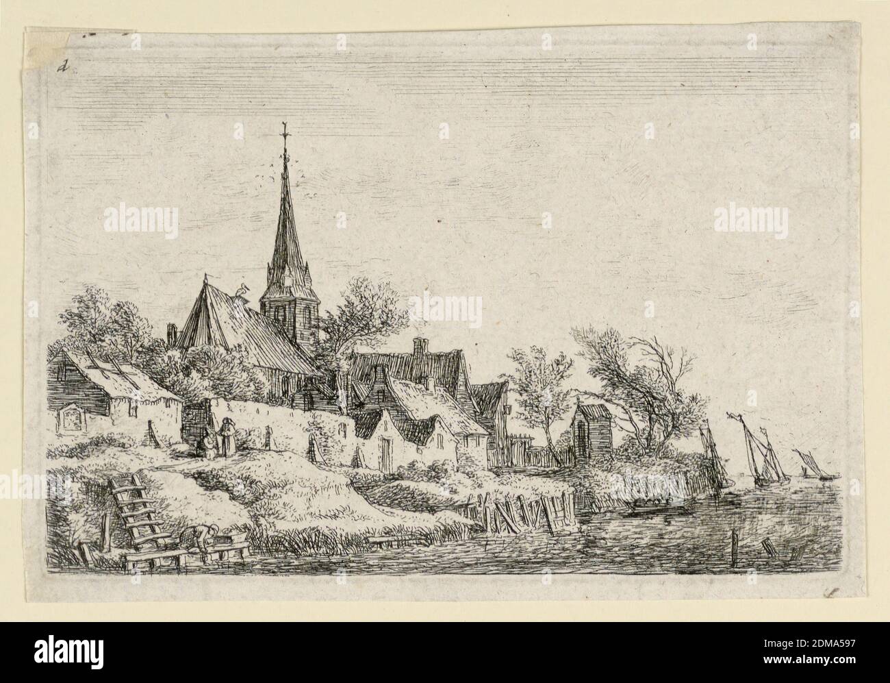 Eine gekeilte Kirche und andere Gebäude an einem Wasserkörper, Antoni Waterloo, 1618–1677, Radierung auf Papier, EINE Kirche mit einem zentralen Turm erhebt sich zwischen niedrigen Gebäuden am Rande eines Wasserkörpers, auf dem zwei Segelboote in der richtigen Entfernung zu sehen sind., Niederlande, Amsterdam, Niederlande, ca. 1650, Drucken Stockfoto