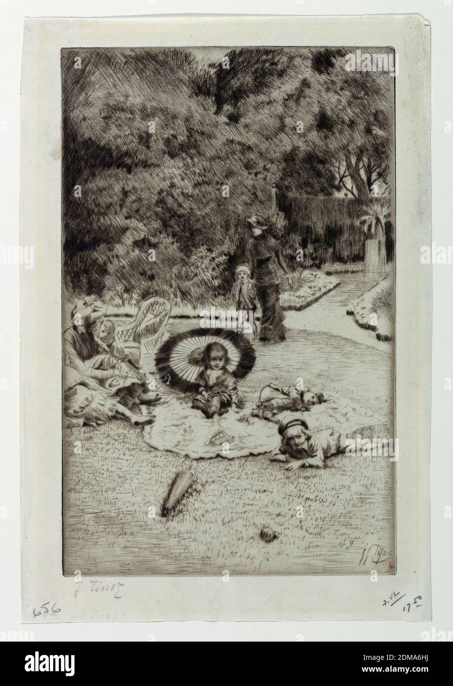 Garden Party of the Children, James Joseph Tissot, französisch, 1836 – 1902, Radierung auf Papier, EIN Garten mit einer Frau auf dem Gras sitzend, links. Vier Kinder sitzen und lehnen, von links nach rechts. Eine Frau und ein kleiner Junge im Hintergrund., England, 1880, Print Stockfoto