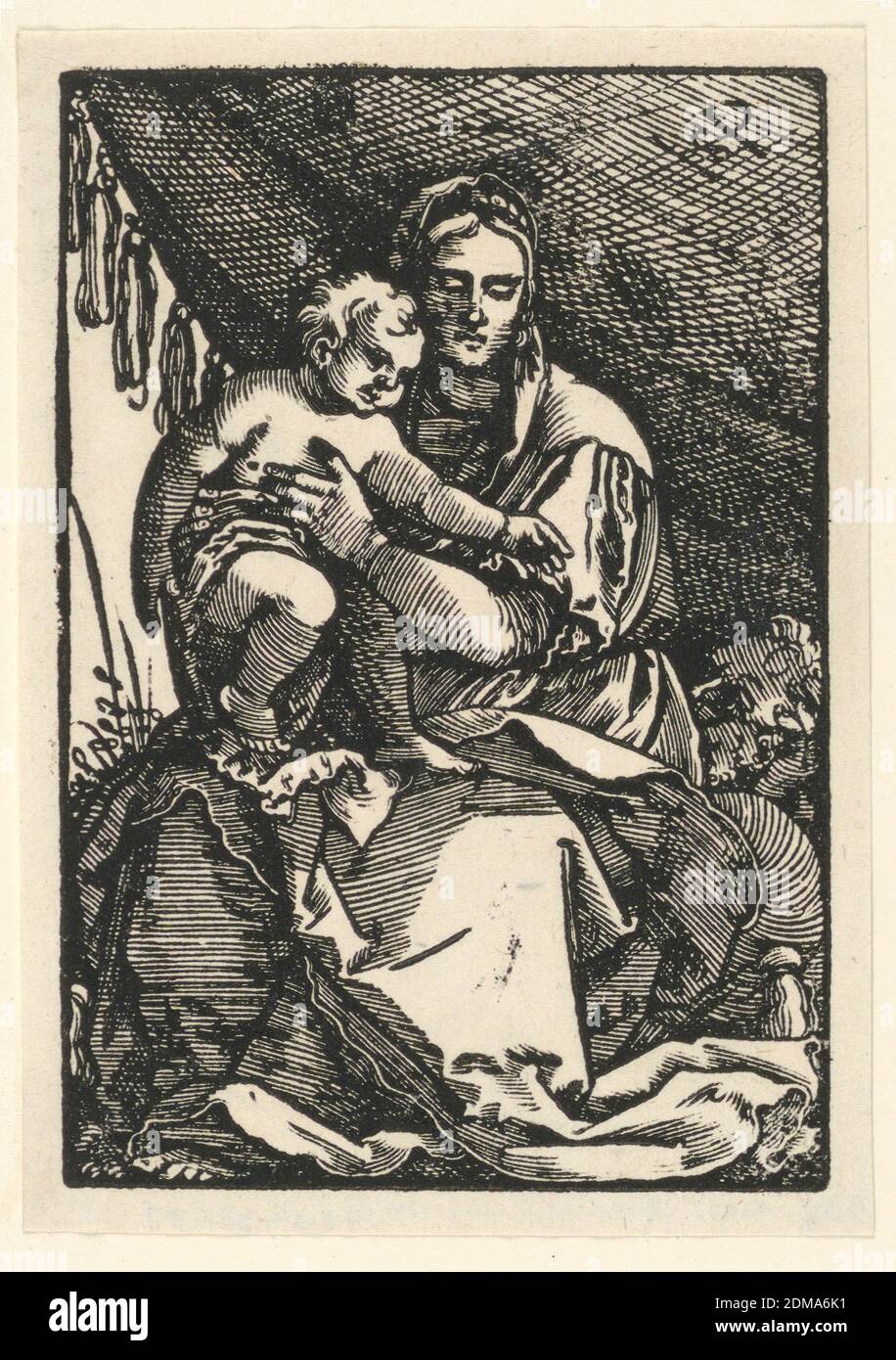 Madonna mit Kind, Hans Sebald Beham, deutsch, 1500–1550, Holzschnitt auf Papier, ca. 1535, Drucken Stockfoto