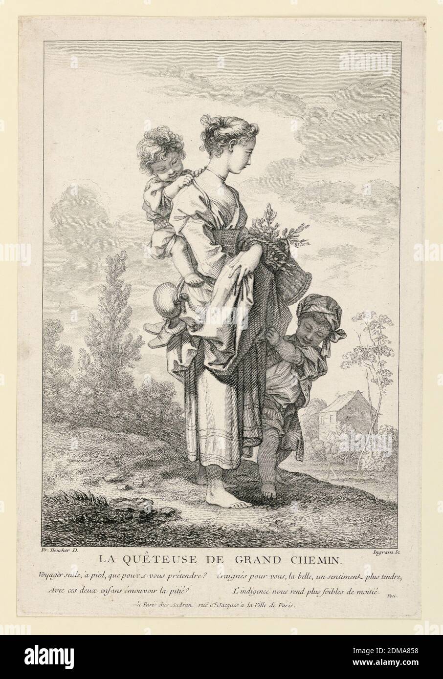 La Quêteuse de Grand Chemin, John Ingram, British, 18. Jahrhundert, François Boucher, French, 1703 – 1770, auf Papier gravieren, STEHT EIN barfüßiges Bauernmädchen in einer Landschaft, mit einem Kind auf dem Rücken und einem anderen neben ihr, das an ihren Kleidern festhält. Sie hält einen Korb von Grüns in den Armen., England, nach 1755, Print Stockfoto