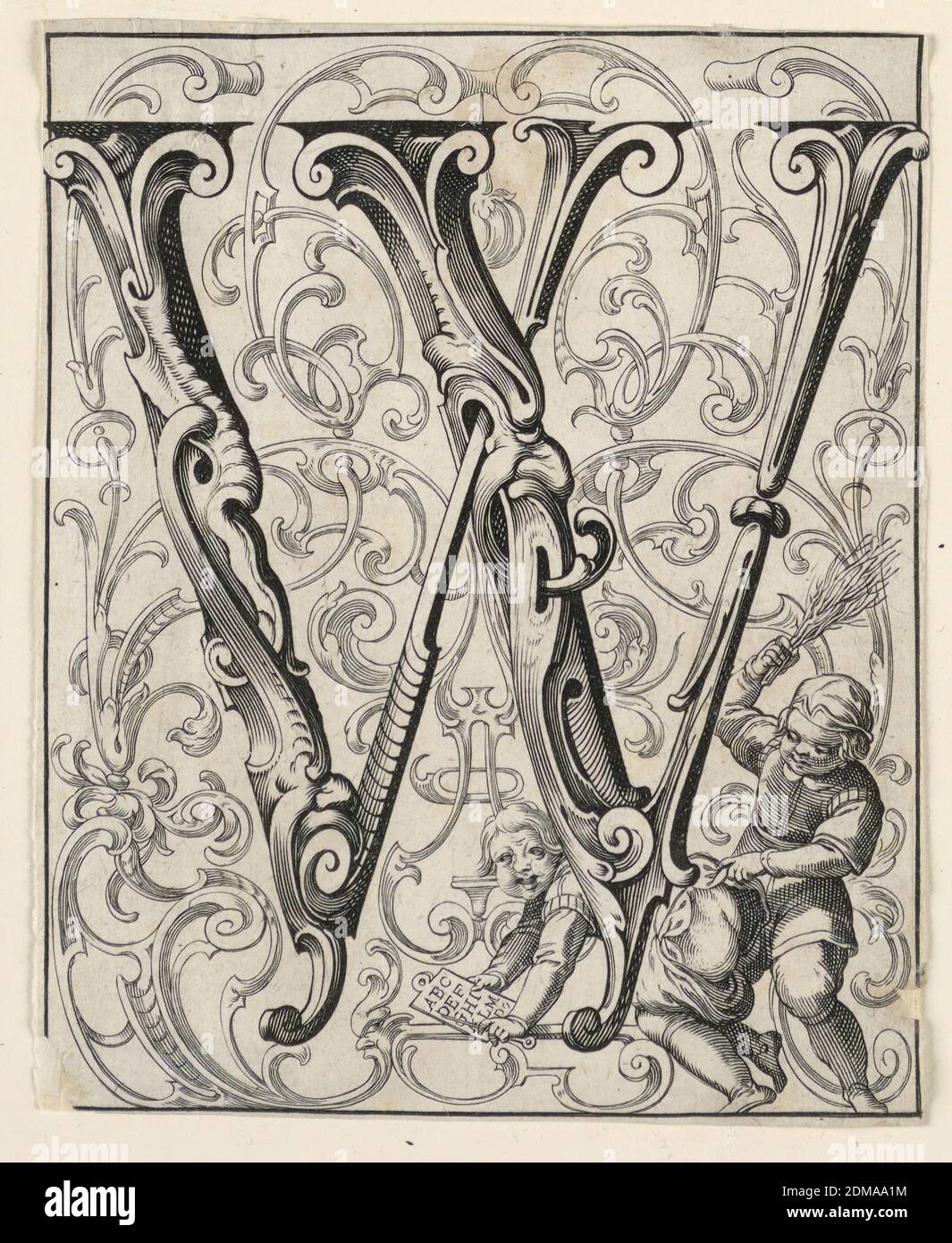 Tafel mit dem Buchstaben 'W' aus dem 'News ABC Büechlein', Lukas Kilian, Deutsch, 1579 – 1637, graviert auf cremefarbenen Büchlein, EIN Junge spreikt einen anderen, der eine Brieftafel hält und weint., Augsberg, Deutschland, 1627, Print Stockfoto