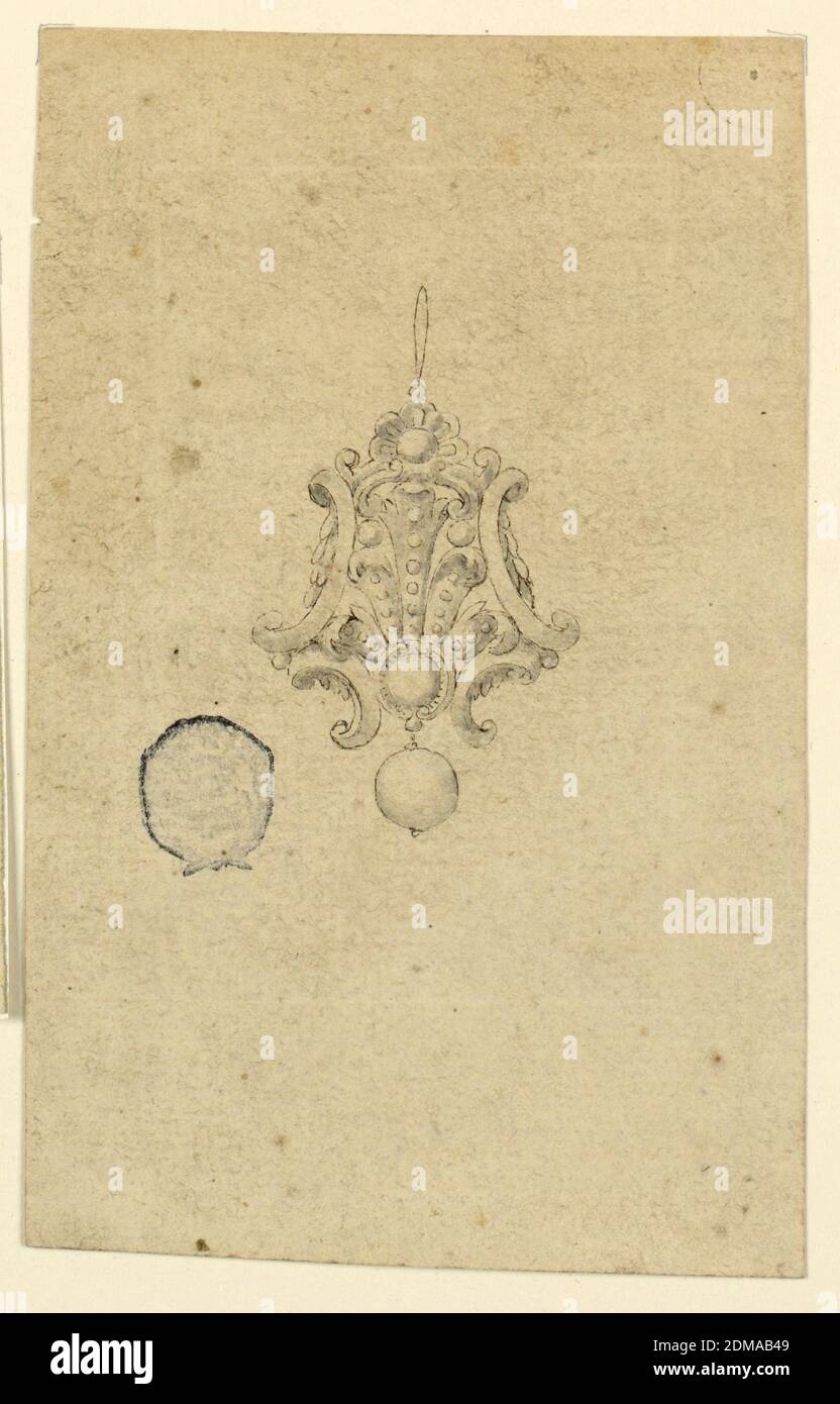 Design für Palmette Anhänger, Stift und Tinte, Pinsel und Aquarell auf Papier, ein Escutcheon aus Voluten, gekrönt mit einer Palmette. Ein Perlentropfen unten., Italien, 16. Jahrhundert, Schmuck, Zeichnung Stockfoto