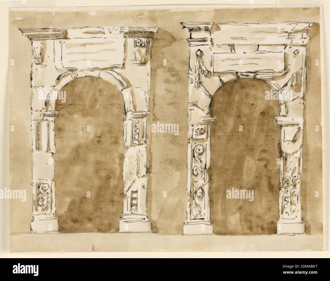 Türrahmen, die Eindruck von Renaissance-Werken in Ruinen, Giuseppe Barberi, Italienisch, 1746–1809, Stift und braune Tinte, Pinsel und braun waschen auf off-weißen Papier gelegt, gefüttert, Inschrift Tafeln sind über den gewölbten Türöffnungen. Farbiger Hintergrund., Rom, Italien, 1780–1790, Architektur, Zeichnung Stockfoto