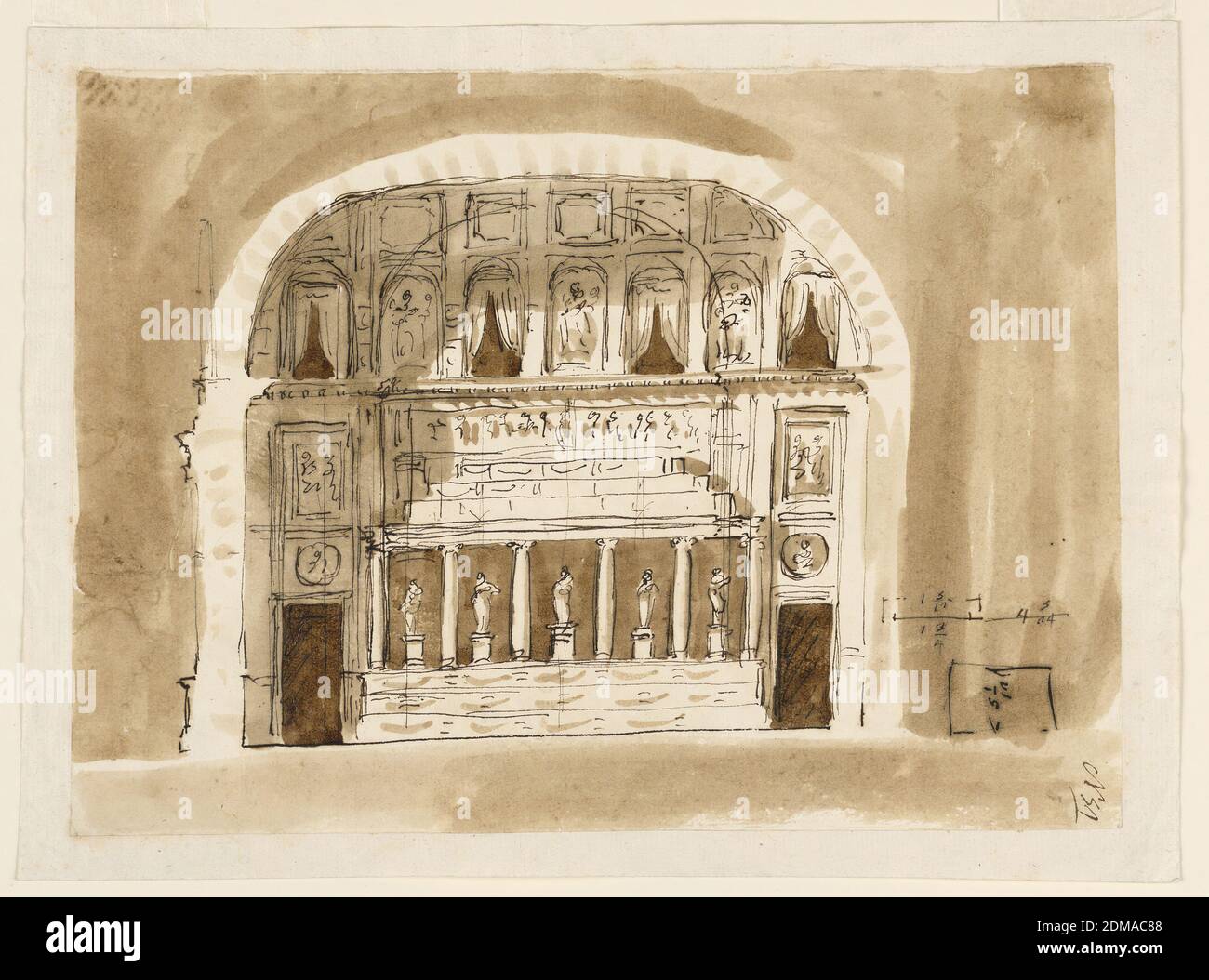 Wall Elevation, Giuseppe Barberi, italienisch, 1746–1809, Feder und braune Tusche, Pinsel und braune Wäsche auf cremefarbenem, gedeckten Papier, gefüttert, apsis-förmig. Der Hauptteil ist mit einer Art Tempelfront mit einer weiblichen Statue in jeder der fünf Intercolumnia verziert. Darüber, unter den Gesimsen der Entablatur, ist ein Fries mit Figuren. Auf beiden Seiten ist eine Tür mit einer Büste in einer runden Nische und einer rechteckigen Darstellung oben. Über der Entablatur ist eine Reihe von vier Fenstern, abwechselnd mit drei Figuren in Nischen. Oben eine Reihe von Bedienfeldern. Stockfoto