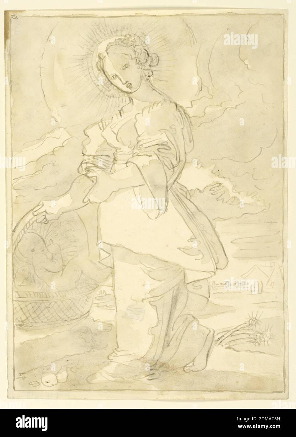 Die Jungfrau mit dem Kind, Fortunato Duranti, italienisch, 1787 - 1863, Pinsel und braun-graues Aquarell auf Papier, die Jungfrau, in offenem Land, mit ihrer rechten Hand auf dem Griff eines Korbes, in dem das Kind liegt. Rechts, im Hintergrund, ist ein Bauernhaus. Rahmenlinie., Rom, Italien, 1820-1850, Zeichnung Stockfoto