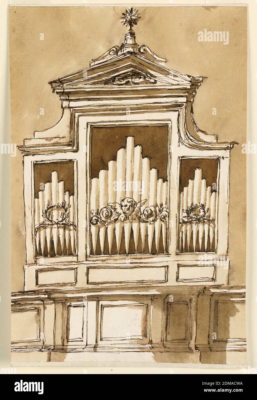 Entwurf für eine Orgel, Giuseppe Barberi, italienisch, 1746–1809, Feder und braune Tusche, Pinsel und braune Wäsche auf liniertem, cremefarbenem Büttenpapier, darunter der zentrale Teil der Einzäunung des Lofts (siehe 1901-39-2738). Jedes Fach ist rechtwinklig gerahmt. Über dem zentralen ist ein dreieckiger Giebel, mit einem Regal innen und einem Stern oben. Vor den Pfeifen befindet sich im Mittelfach eine Variation des entsprechenden Motivs in 1901-39-2784, ohne Festoons. In den Seitenzweigen kreuzten sich zwei Zweige zu einem Kranz. Die Wand ist farbig., Rom, Italien, 1780-1790, Architektur, Zeichnung Stockfoto