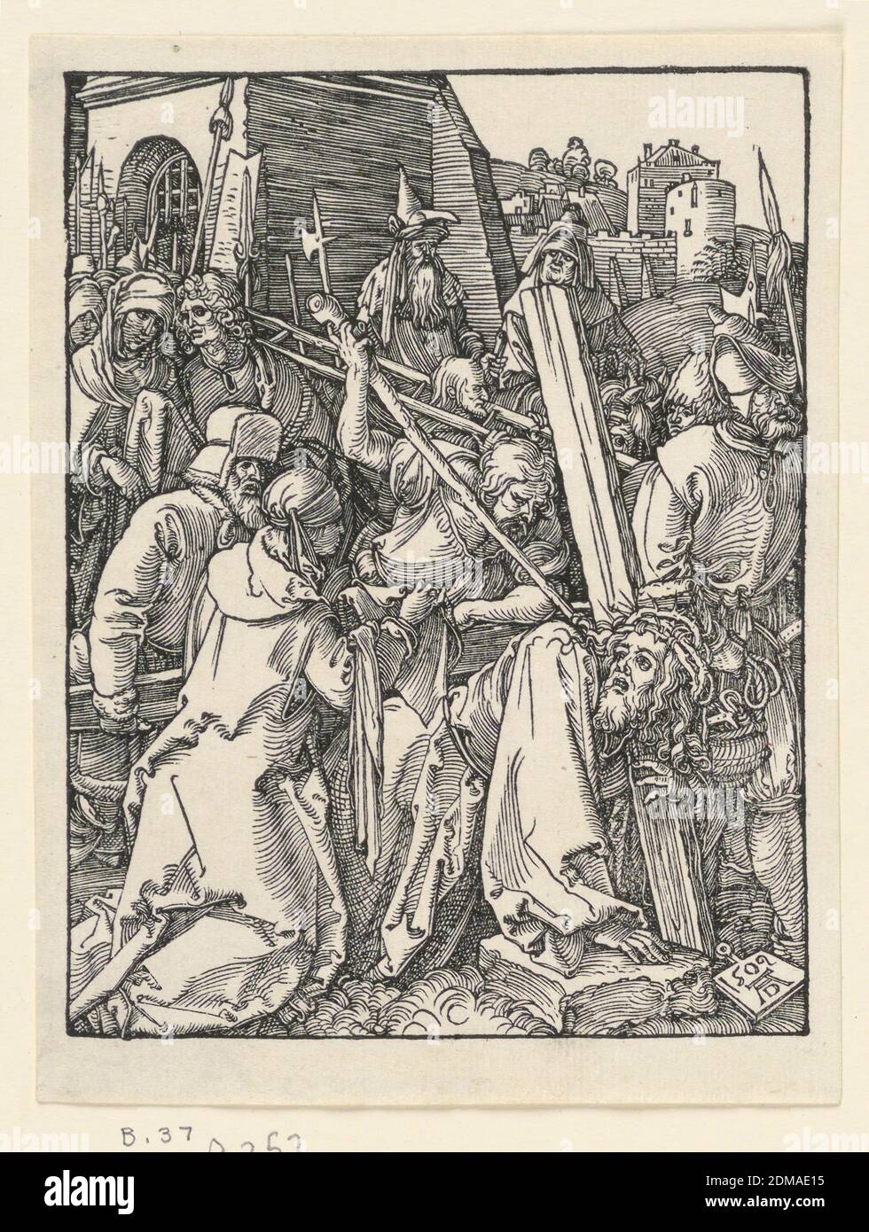 Christus trägt das Kreuz, aus der Serie der Kleinen Passion, Albrecht Dürer, Deutsch, 1471–1528, Holzschnitt auf Papier, Christus, im Vordergrund, rechts, ist unter dem Gewicht des Kreuzes auf die Knie gefallen. Die heilige Veronica kommt ihm mit ihrem Taschentuch entgegen. Soldaten und andere im Hintergrund. Blick auf die Stadt in der Ferne. Monogramm von Dürer und Datum 1509 auf Tablette, unten rechts., Deutschland, 1509, Druck Stockfoto