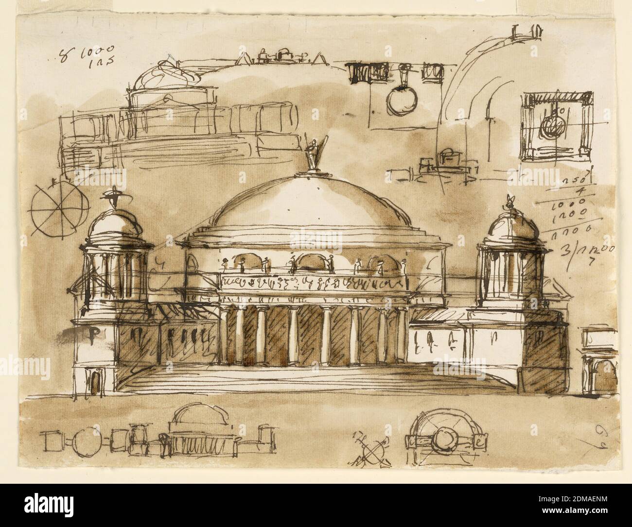 Entwurf für ein Mausoleum oder Kaffeehaus, Giuseppe Barberi, italienisch, 1746–1809, Feder und braune Tinte, Pinsel und braune Wäsche auf cremefarbenem Büttenpapier, die meisten Skizzen beschäftigen sich mit der zentralen Struktur. Seine allgemeine Form ist jetzt vom Pantheon mit seitlichen Flügeln aufgeblasen. Im zentralen Design wird die Höhe angezeigt. Es wurde zuerst mit vier niedrigen schrägen Flügeln gezeichnet, die die Treppen zu den Proticoes flankierten und Kuppeln über ihren vorderen Teilen hatten. Dann hat sich das Motiv in Flügel von größerer Höhe ohne Kuppeln verwandelt. Die meisten Entwürfe beschäftigen sich mit seitlichen Flügeln, die in der gleichen horizontalen Ebene liegen Stockfoto