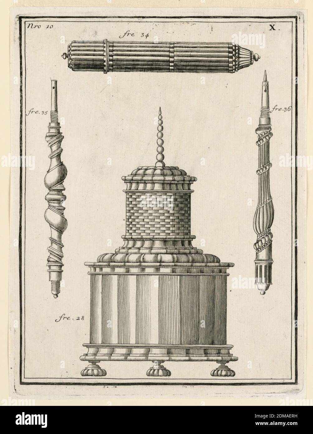 Tafel 10, von Recueil d'ouvrages curieux de mathématique et de mécanique, ou description du cabinet de Monsieur Grollier de Servière, Etienne Joseph Daudet, französisch, 1672 - 1730, Gaspard Grollier de Seviere II, französisch, 1677 - 1745, Gravur auf Papier, Entwürfe für einen Behälter und zugehörige mechanische Geräte, In Metall oder Elfenbein ausgeführt werden. Die obere Hälfte ist ein Zylinder, mit einem Perlenpunkt. Der größere untere Teil ruht auf drei Füßen. Links, eine lange (mit Gewinde?) Spool, rechts, eine andere. Oben ein komposit zylinderrisches Stück; kleiner Zylinder um einen größeren., Lyon, Frankreich, 1732, Druck Stockfoto