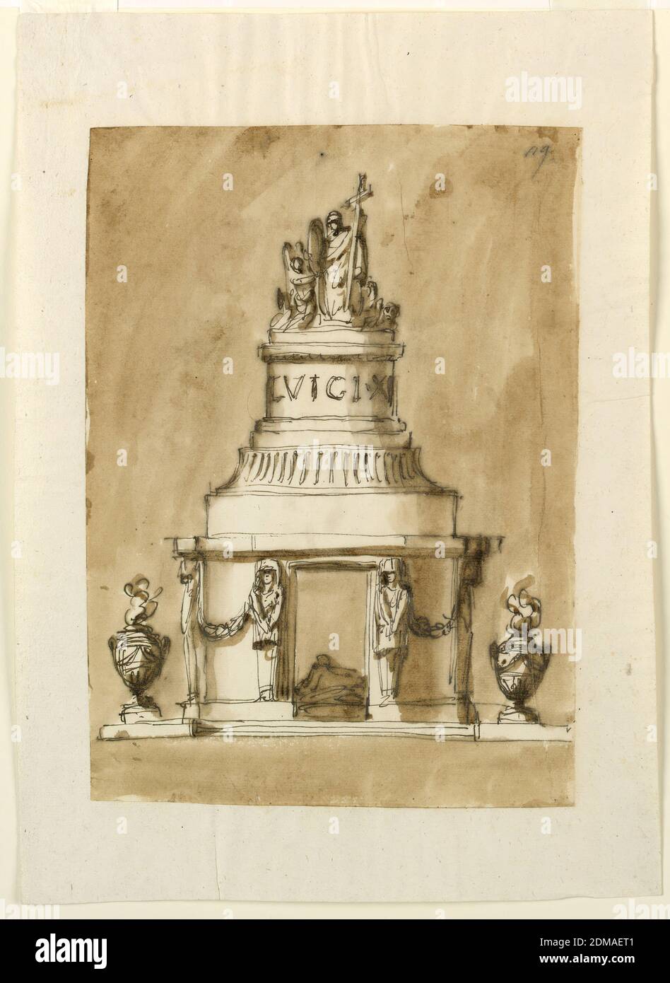 Entwurf für ein Denkmal von König Ludwig XVI. Von Frankreich, Giuseppe Barberi, Italienisch, 1746–1809, Feder und braune Tinte, Pinsel und braune Wäsche auf liniertem, cremefarbenem Büttenpapier, EINE Variation von 1936-88-1327. Der untere Teil der Struktur hat einen achteckigen Plan, die schrägen Seiten sind konvex und die äußeren Ecken sind abgeschrägt mit der Außenseite gaines schräg stehend. Die gaines haben über den bekleideten Oberteilen der Körper von Frauen. Die Höhe ist gestresst., Rom, Italien, ca. 1795, Architektur, Zeichnung Stockfoto