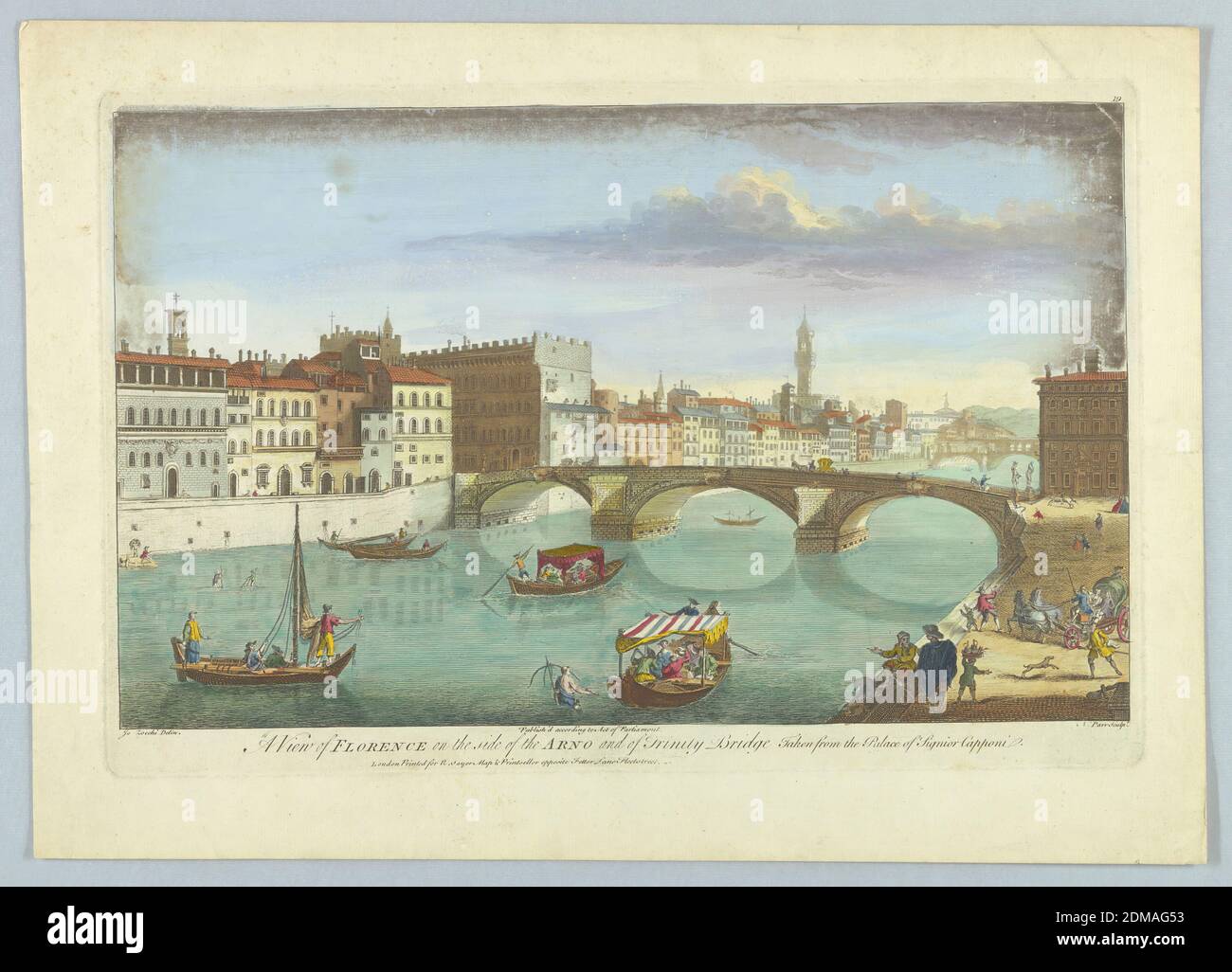 Ein Blick auf Florenz auf der Seite des Arno und der Dreifaltigkeitsbrücke, Nathaniel Parr, Brite, aktiv 1742 - 1751, Giuseppe Zocchi, Italiener, 1711 oder 1717 - 1767, Robert Sayer, Brite, 1725 - 1794, Gravieren, Pinsel und Aquarell auf Papier, Beide Ufer und zwei Brücken des Arno sind zu sehen. Offene und überdachte Gondeln und kleine Segelboote auf dem Fluss. Titel, Künstler- und Verlegernamen unten., Europa, London, England, ca. 1750, Drucken Stockfoto