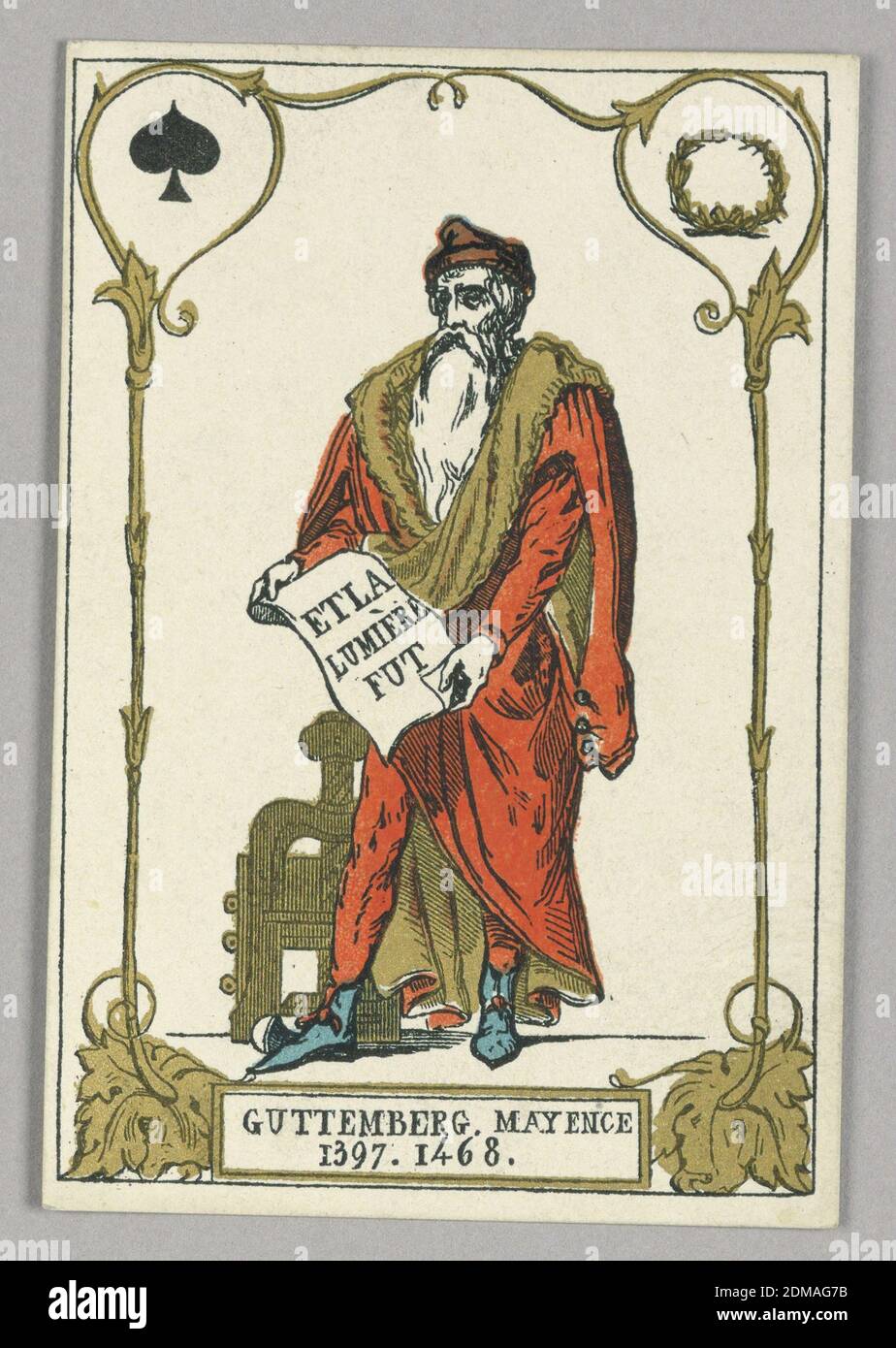 Gutenberg, Spielkarte aus dem Satz 'Cartes héroïques' oder 'Es grands hommes', Marcel G. Dèschampes, französisch, aktiv 19. jh., Alphonse-Joseph-Ferdinand Minne, belgisch, aktiv 19. jh., Bleistiftfarbene Lithographie auf Papier, Spielkarte aus dem Satz 'Cartes héroïques' oder 'Es grands hommes', Paris, Frankreich, 1871, Spielkarte, Spielkarte Stockfoto