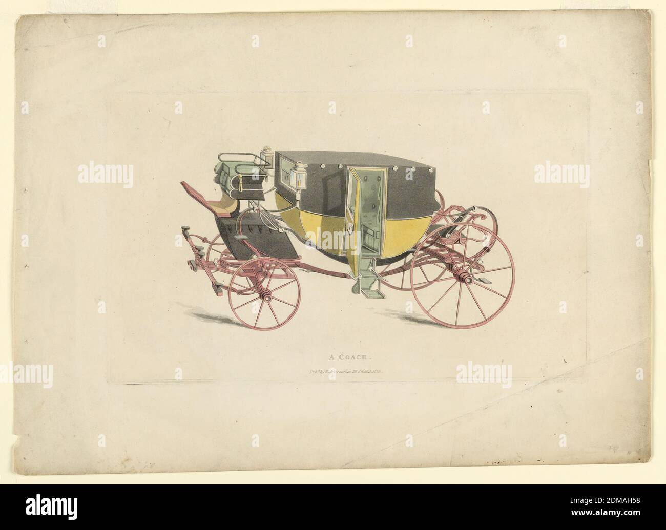 Coach, Gravur, Pinsel und Aquarell auf Papier, EIN geschlossener Coach; das Fahrerhaus und die Box aus schwarz und gelb, die Räder und die Unterstützung von rosa, und grünen Innenraum. Titel und Verlegername und Datum unten., London, England, 1825, Transport, Print Stockfoto