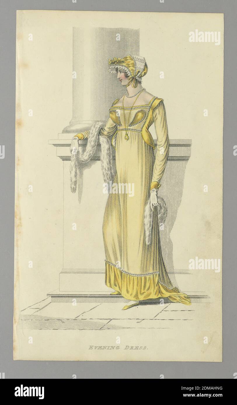 Abendkleid, Rudolph Ackermann, Englisch, B. Deutschland, 1764–1834, Gravur,  Pinsel und Aquarell auf Papier, Frau an der Basis einer Säule, nach links  gerichtet. Sie trägt ein gelbes Kleid in Knöchellänge, eine gelbe Haube