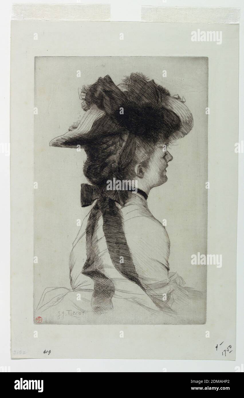 Der Rubens-Hut, James Joseph Tissot, französisch, 1836 – 1902, Radierung auf Papier, Büste einer jungen Frau im Profil, nach rechts. Sie trägt einen großen Hut mit einer Schleife am Nacken., England, 1875, Print Stockfoto