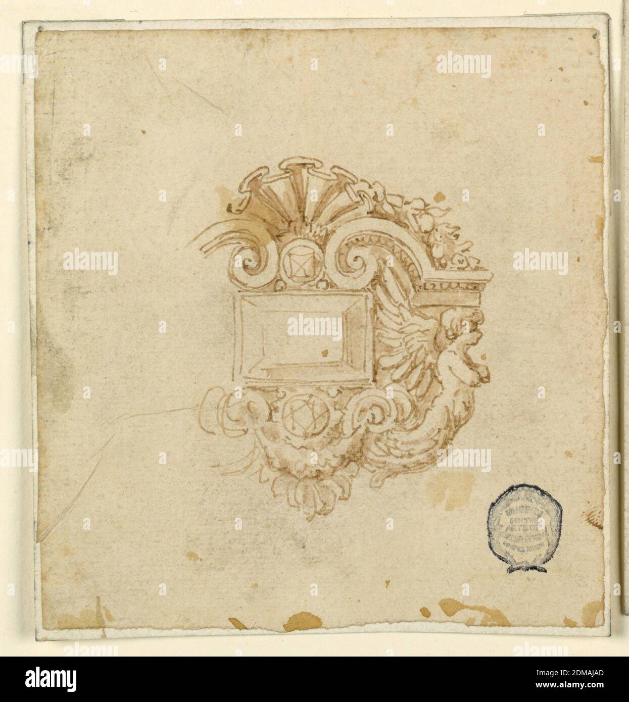 Design für eine Brosche mit geflügeltem Jungen, Stift und Tinte, Pinsel und Sepia auf Papier wird ein länglicher Diamant von einem Escutcheon eingerahmt. Die Figur eines geflügelten Jungen rechts trägt einen gebrochenen Giebel. Linke Seite unvollständig., Italien, 16. Jahrhundert, Schmuck, Zeichnung Stockfoto