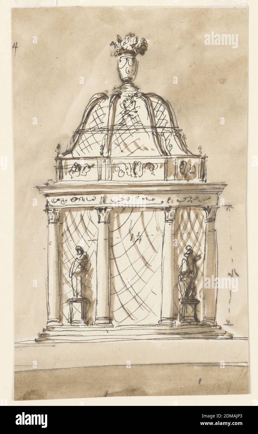 Mittelstück, Giuseppe Barberi, italienisch, 1746–1809, Feder und braune Tusche, Pinsel und braune Wäsche auf cremefarbenem Büttenpapier, liniert, Design for a Mittelstück., Rom, Italien, 1746–1809, Metallarbeiten, Zeichnung Stockfoto