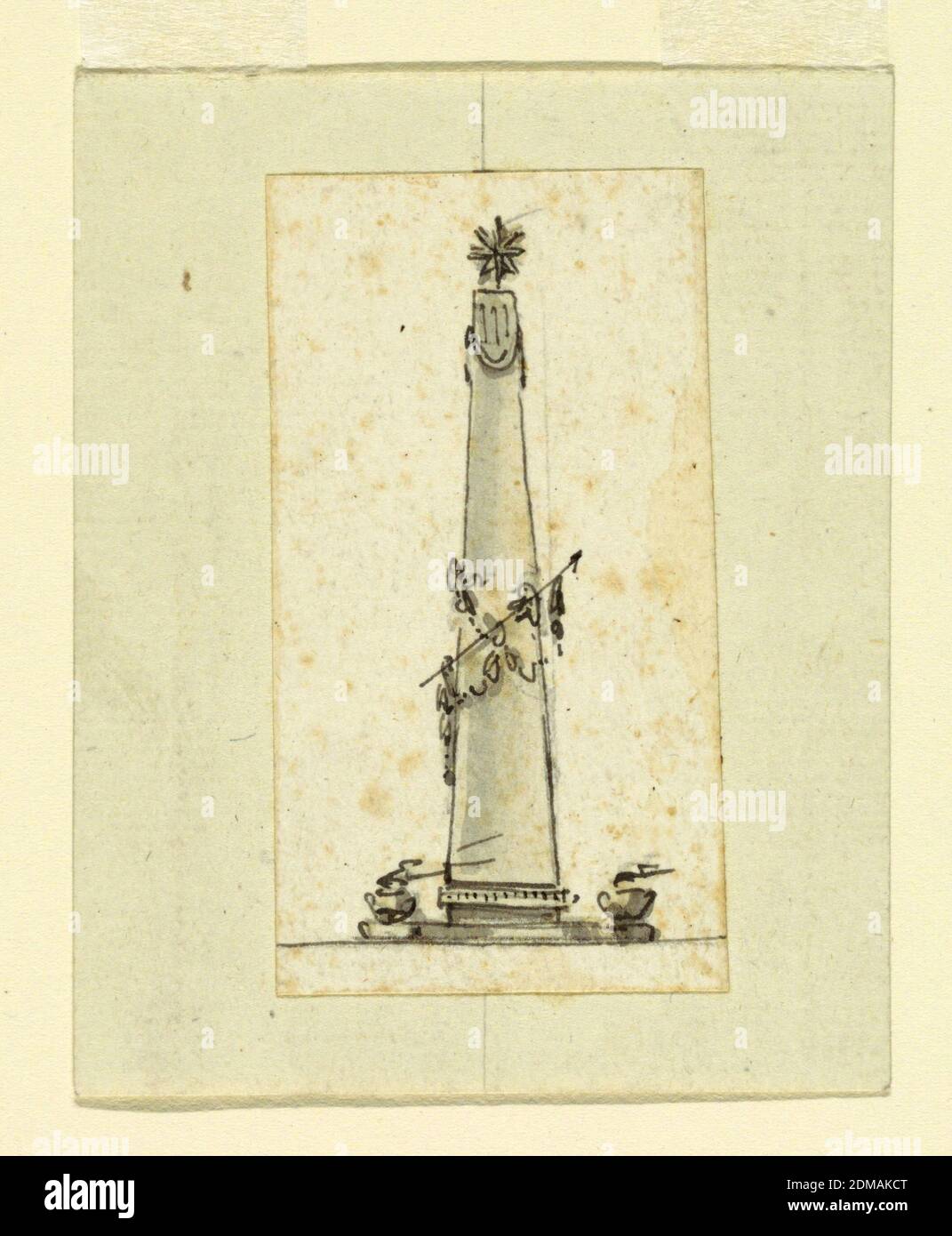 Design for a Monument, Giuseppe Barberi, Italienisch, 1746–1809, Stift und  Tinte, Pinsel und Wäsche auf Papier, Obelisk mit Stern auf der Oberseite.  Um sie herum sind Girlanden und kleine Urnen mit brennenden