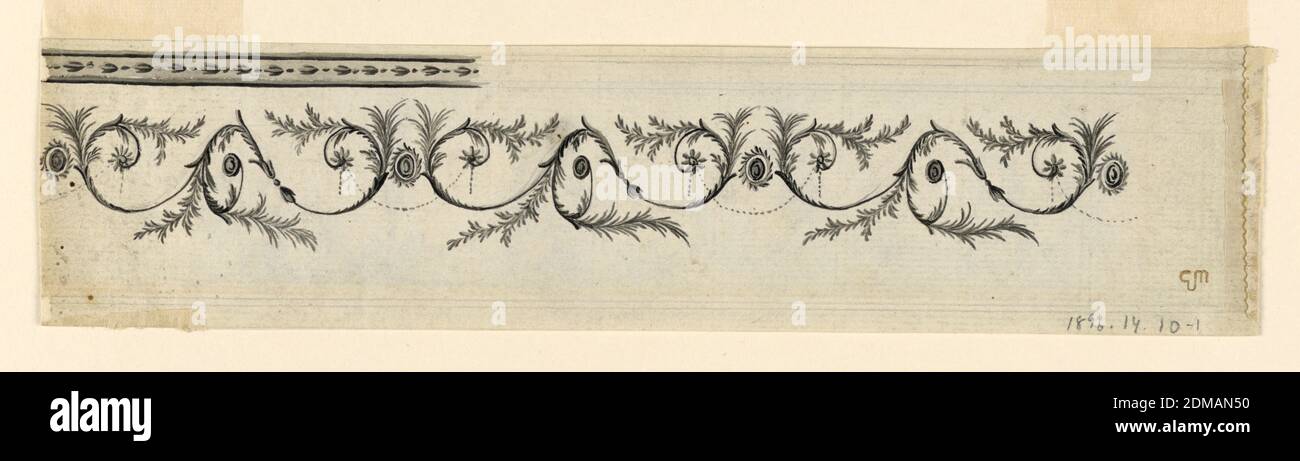 Entwurf für einen gemalten Fries, Graphit, Pinsel und graues Aquarell, chinesisches Schwarz auf Papier, EIN Fries bestehend aus Rinceaux-Motiven mit drei Spiralen, verbunden durch ein Perlenfest und ein Peahen-Auge. Rückseite: Satyrs in Landschaft. Drei Satyrs blasen Musikinstrumente, zwei Satyr Kinder spielen Tamburine. Ein Satyr trägt ein totes Lamm zu einem Altar, links. Eine Satiress mischt einen Drink in der Mitte. Rechts von ihr steht ein Terminus. Rahmenleisten oben, unten links abgebildet., Niederlande, ca. 1790, Zeichnung Stockfoto