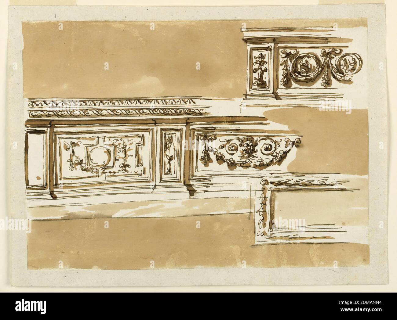 Dado, Giuseppe Barberi, italienisch, 1746–1809, Feder und braune Tusche, Pinsel und braune Wäsche auf cremefarbenem Büttenpapier, gefüttert, Dado., Rom, Italien, 1746–1809, Innenräume, Zeichnung Stockfoto