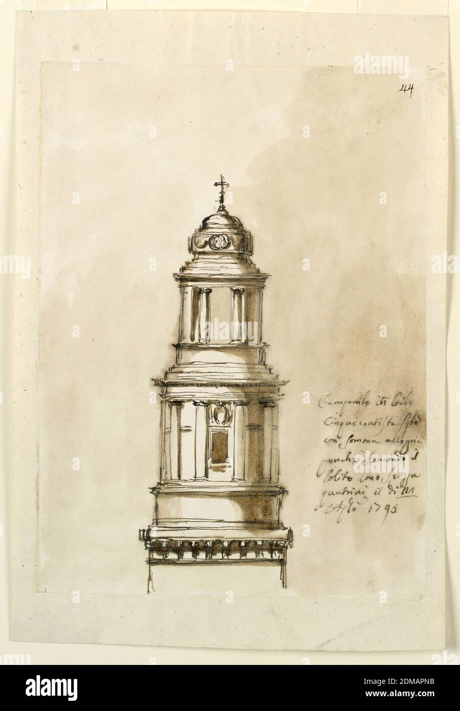 Erhebung einer Kirche, Giuseppe Barberi, italienisch, 1746–1809, Feder und braune Tusche, Pinsel und braune Wäsche auf liniertem, cremefarbenem Büttenpapier, Entwurf für einen Kirchturm. Unten ist die Entablatur eines quadratischen Teils. Oben erhebt sich eine Geschichte wie ein kreisförmiger Pavillon auf einem Dado mit eingebetteten Säulen, die die Entablatur unterstützen. An der Vorderseite sind ein Fenster und ein Escutcheon darüber. Das Obergeschoss ist wie ein ähnlicher offener Pavillon gestaltet. Oben ist eine Kuppel einer Art, mit einer Band aroudn der Tambour, und ein Kreuz farbigen Hintergrund., Rom, Italien, 1795, Architektur, Zeichnung Stockfoto