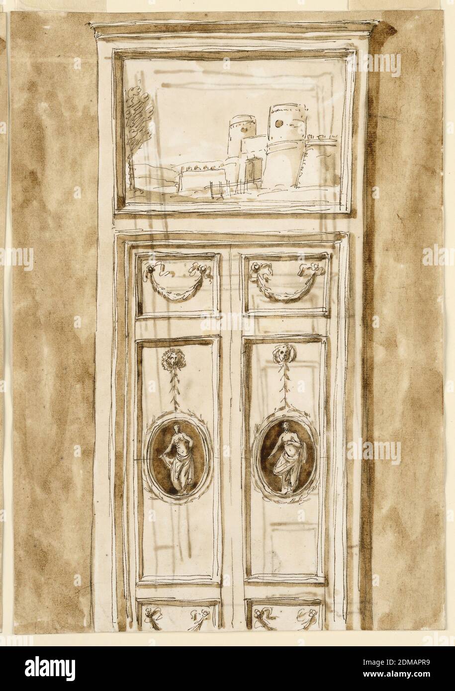 Design for a Door and Overdoor, Giuseppe Barberi, Italienisch, 1746–1809, Stift und braune Tinte, Pinsel und braune Wäsche auf abgegriffem Papier, beide Türverkleidungen haben oben und unten eine kleine rechteckige Platte und in der Mitte eine große. Die kleinen Tafeln sind mit einem Festoon geschmückt, der an Bogenknoten hängt, letztere mit einer ovalen Darstellung der Figur einer stehenden Frau. Sie werden außen von einem Kranz umrahmt, der durch einen Stiel mit einer Löwenmaske oben, unter dem geformten Rahmen, verbunden ist. Die Übertür zeigt das Bild des Eingangs in eine Festung. Wand wie gewohnt. Stockfoto