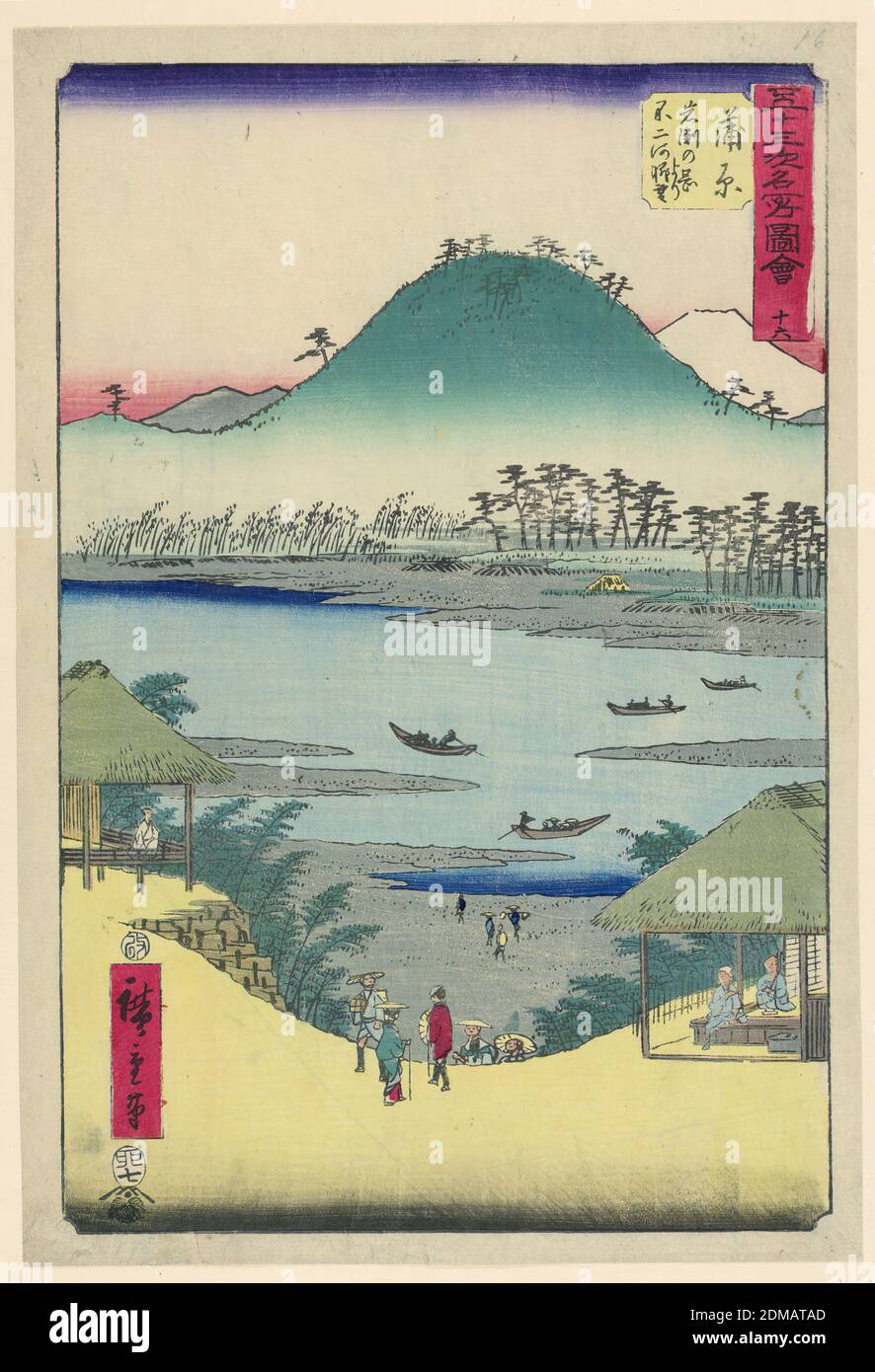 Kanbara: Blick vom Iwabuchi-Hügel von den 53 Stationen Tokaido, Ando Hiroshige, japanisch, 1797–1858, Holzblock-Druck in farbiger Tinte auf Papier, der Bogen des Hügels spielt herrlich mit dem Hang des Vordergrunds. Dazwischen liegt ein Buys River, der Menschen mit Booten transportiert. Direkt im Vordergrund sind drei Personen dabei, den steilen Hügel hinabzusteigen, während andere Leute den Hügel hinauf klettern. Zwei kleine Geschäfte befinden sich auf beiden Seiten des Drucks. Drei Leute sitzen unter dem Pavillon und genießen die Landschaft., Japan, 1797-1858, Landschaften, Drucken Stockfoto