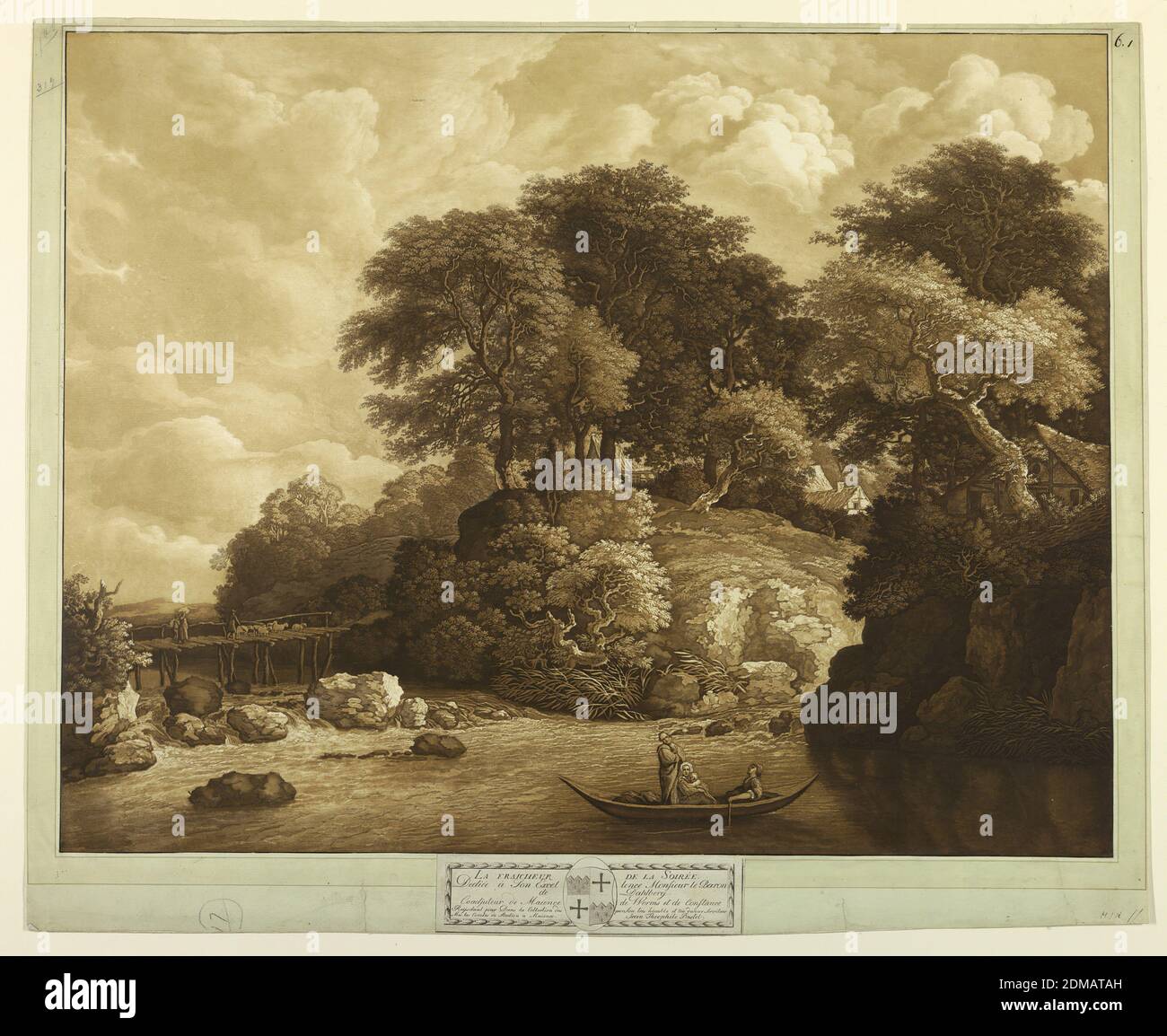 La Fraîcheur de la Soirée, Johann Gottlieb Prestel, deutsch, 1739 - 1808, Jacob van Ruisdael, holländisch, 1628 - 1682, Aquatint in Sepia auf Papier, EIN Fluss im Vordergrund von felsigen Steigungen begrenzt. Bäume und Hütten im Hintergrund. Eine unhöfliche Brücke, links; kleines Boot mit vier Figuren im unmittelbaren Vordergrund. Titel und Widmung auf Tab unten., Japan und Europa, Deutschland, ca. 1780, Drucken Stockfoto