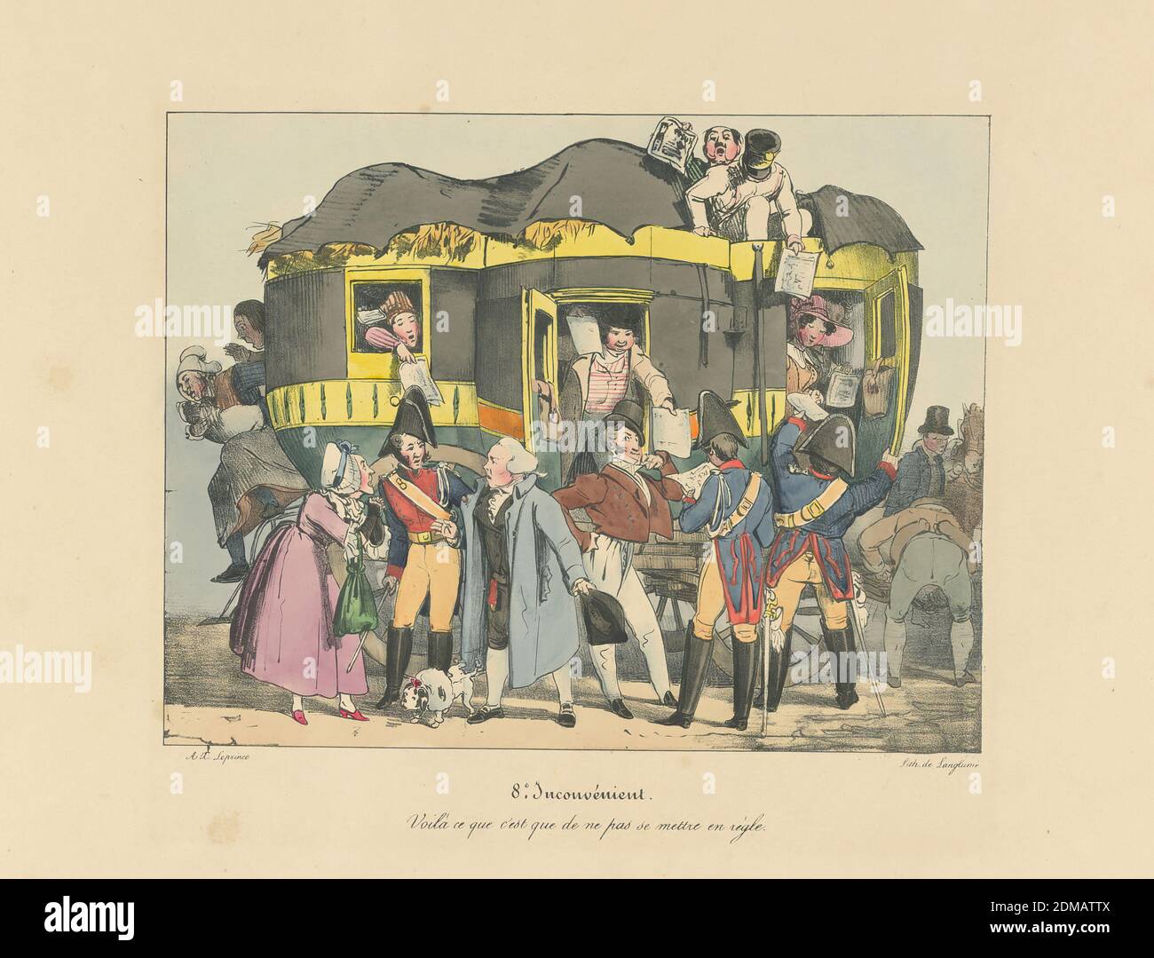 Voila ce que c'est que de ne pas se mettre en règle, Tafel 8 aus 'Inconvénient', Auguste-Xavier Leprince, französisch, 1799 - 1826, Pierre Langlumé, französisch, geboren 1790, Lithographie, Pinsel und Aquarell auf Papier, Armeeoffiziere im Gespräch mit den Reisenden, Papiere prüfen. Der Coach steht aufrecht. Titel und Künstlernamen unten., Paris, Frankreich, ca. 1825, Drucken Stockfoto