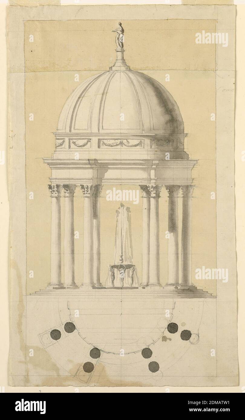 Design for a Fountain in a Pavilion, Giuseppe Barberi, Italian, 1746–1809, Graphit, Pinsel und braun-gelb, grau waschen auf zwei Papierstücken, zusammengeklebt, besteht der Pavillon aus acht Paaren (vier sind gezeichnet) von Säulen, die die Entablatur unterstützen. Oben ist eine Kuppel mit einer weiblichen Figur oben. Der Brunnen hat zwei Becken, das obere wird von vier (drei sind sichtbar) stehenden Figuren gestützt, aus deren Mündungen Wasser strömt, wie es in der Mitte der Fall ist. Unten ist die Hälfte des Plans. Rahmung Graphitlinie. Auf der Rückseite des oberen Slip sind zwei Schuppen, die untere wurde gelöscht Stockfoto