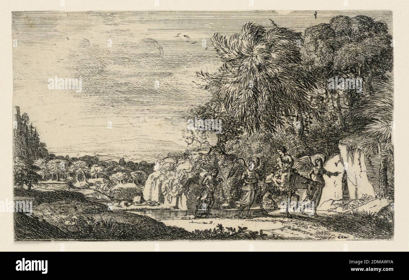 Flug nach Ägypten, Claude Lorrain, französisch, 1604 - 1682, Radierung auf Papier, Frankreich, ca. 1630–1631, Landschaften, Drucken Stockfoto